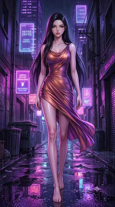 score_9, masterpiece, best quality, ultra-detailed, high-budget anime keyframe, editorial fashion photography, tasteful artistic composition, Korean woman. low angle full-body shot from head to toe showing her feet, filling the entire 9:16 vertical f
