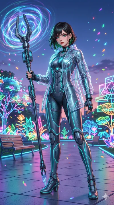 첨부의 캐릭터 얼굴만 유지해, score_9, masterpiece, best quality, ultra-detailed, Set B: Semi-realistic 3D Game Render, Caucasian woman (strictly human ears). Low angle cowboy shot filling the entire 9:16 frame with her statuesque presence. Summoning a staff that