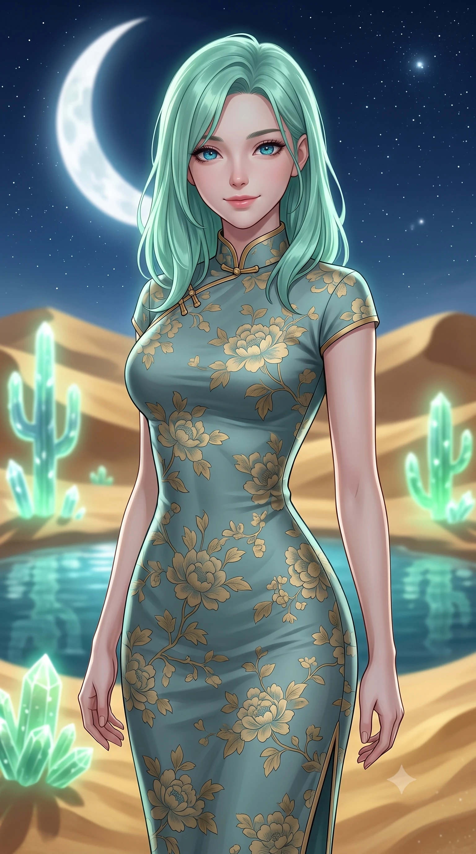 score_9, masterpiece, best quality, ultra-detailed, high-budget anime keyframe, editorial fashion photography, tasteful artistic composition, Japanese woman. close-up cowboy shot from the waist and thighs up, the character dominates the composition, filling the frame with her large presence, background elements kept in soft focus. Gently tilting her head with a serene, peaceful smile of quiet happiness. set against a soft-focus background of standing beside a pristine desert pool surrounded by shifting gold sand dunes and glowing crystal cacti under a clear starry night. She has an exceptionally elegant, slender, and willowy female figure with a highly-defined ultra-slim waist, a gracefully sculpted slender torso, and a refined slim-fit silhouette that contours her form. sharp v-shaped jawline, high-bridge nose, intricate jewel-like eyes with depth, thick eyelashes, glossy lips with a natural sheen. wearing a form-fitting modern fusion qipao-inspired midi dress in muted teal and gold floral print with a mandarin collar. soft white moonlight from a large crescent moon with a gentle green bioluminescent glow from the cacti. 2k, ultra detail, master piece, 9:16 ratio