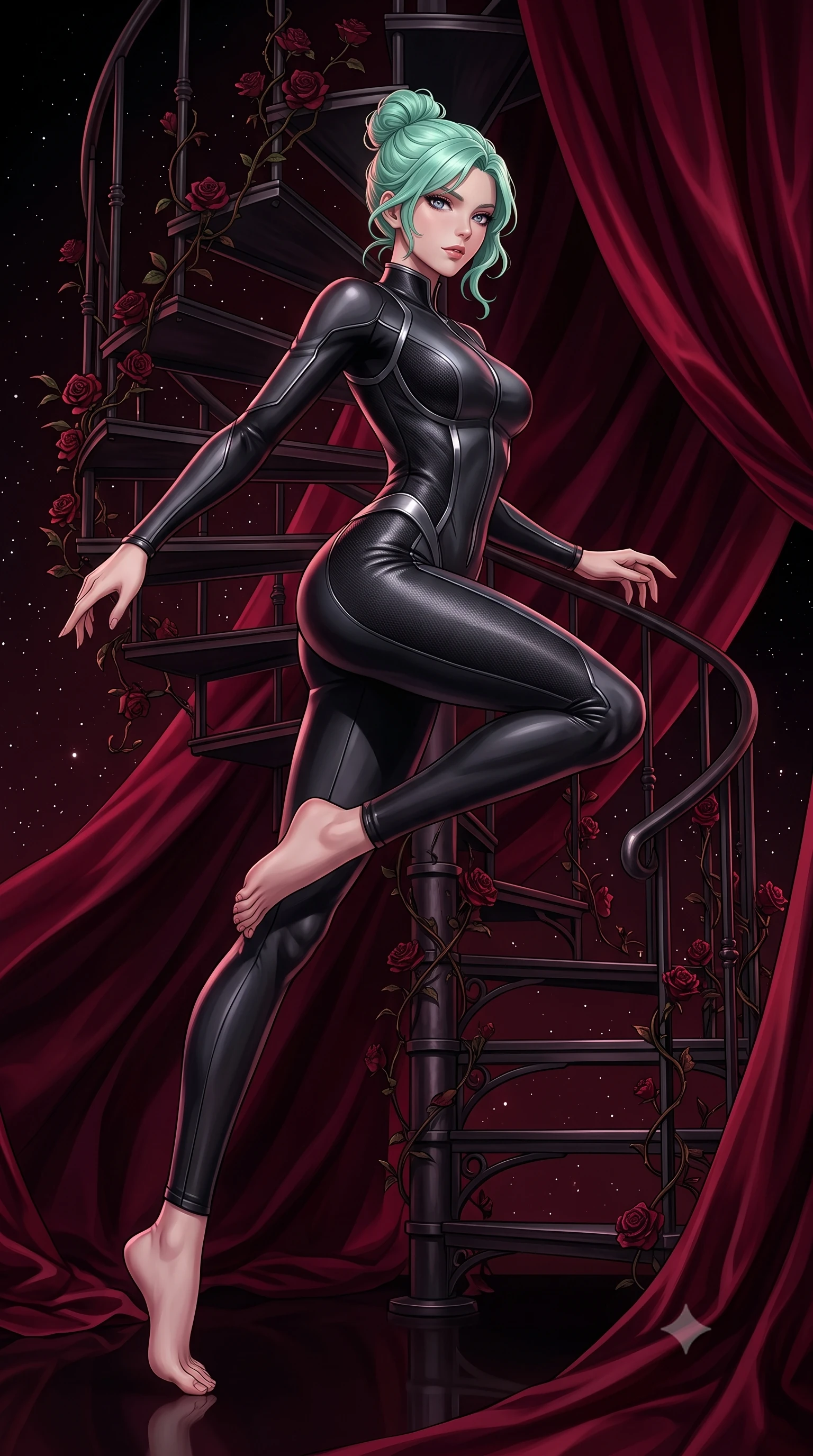 score_9, masterpiece, best quality, ultra-detailed, high-budget anime keyframe, editorial fashion photography, tasteful artistic composition, Japanese woman. low angle full-body shot from head to toe showing her feet, filling the entire 9:16 vertical frame with her statuesque presence, stretching her vertical silhouette. leaping dynamically through the starry space, her posture full of power and elegance, poised before a dark iron spiral staircase wrapped in dark red rose vines, dramatic crimson silk drapery absorbing surrounding light into rich burgundy shadows. She has an absolutely perfect, statuesque 8.5-heads proportion, an exceptionally tall and slender model-like female figure with impossibly long slender legs and an ultra-slim waist. sharp v-shaped jawline, high-bridge nose, intricate jewel-like eyes with depth, thick eyelashes, glossy lips with a natural sheen. wearing second-skin matte carbon-fiber combat suit in onyx black in dark charcoal gray, made of liquid dark mercury jersey, finished with metallic silver boning and sleek zipper points, contouring every curve with an exceptionally elegant silhouette. bathed in rich dark crimson tones and deep pitch-black ambient shadows. highly saturated vibrant anime colors, detailed shading with soft gradients, rich glossy textures, high-contrast stereoscopic depth, volumetric dynamic lighting, master piece, 9:16 ratio