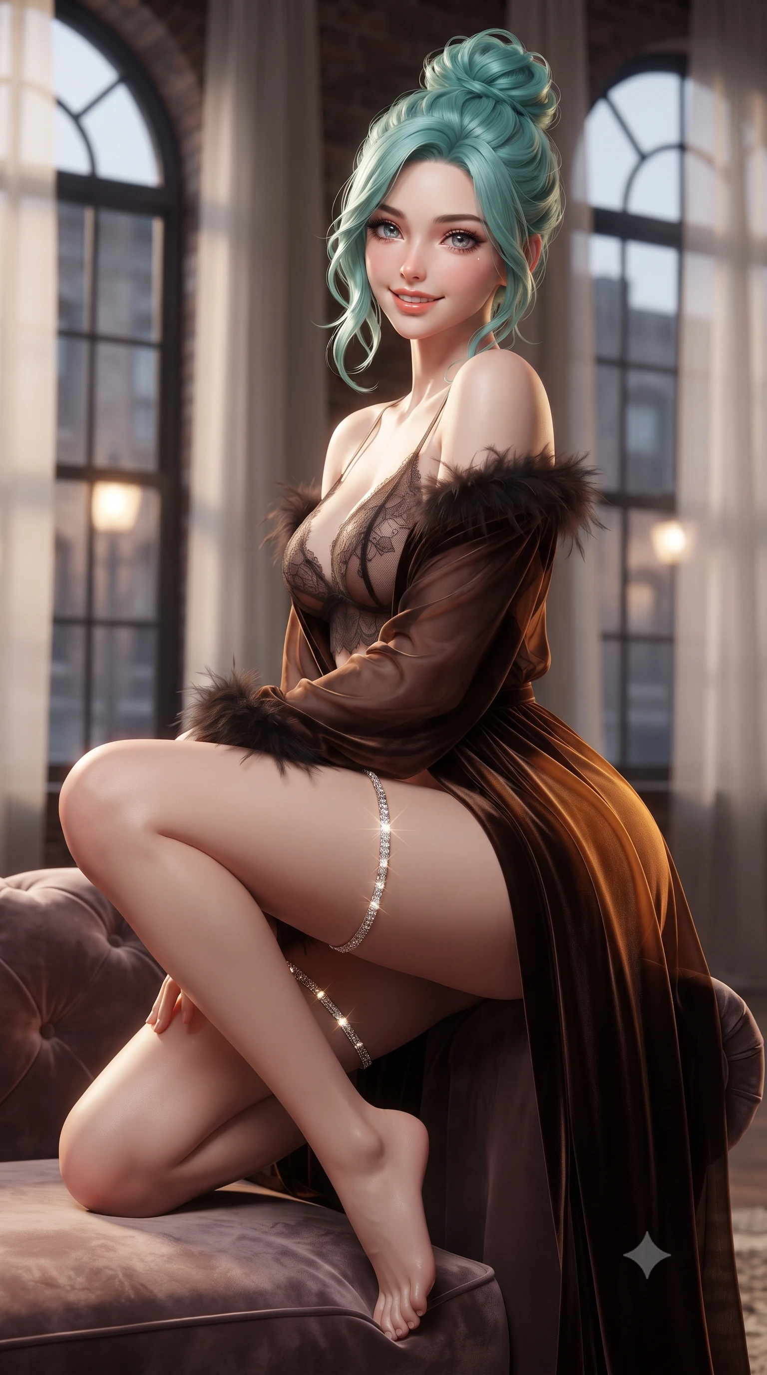 score_9, masterpiece, best quality, ultra-detailed, high-budget anime keyframe, editorial fashion photography, tasteful artistic composition, Japanese woman. close-up cowboy shot from the waist and thighs up, the character dominates the composition, filling the frame with her large presence. perched sideways on the lounge seat, one knee drawn up to showcase her slender leg line while her arched back accentuates her feminine hip curve while twisting her slender torso in an alluring S-curve beside the tall arched factory sash windows, cobblestone streetlights tracing her narrow waist and hips. The background shows a soft-focus sheer linen drapery softened in artistic downtown collector loft shallow focus. She has an exceptionally elegant, slender, and willowy female figure with an ultra-slim waist, flat toned midriff, narrow ribcage, and sculpted feminine hips creating an alluring, slim hourglass silhouette without bulk. sharp v-shaped jawline, high-bridge nose, intricate jewel-like sparkling eyes with depth, thick eyelashes, glossy parted lips with a natural peach sheen, bright cheerful beaming smile with an enchanting and coquettish sensual glint, exuding both youthful cute charm and seductive allure, flawlessly proportioned anatomical accuracy, strict slender model proportions, natural body alignment, perfectly sculpted long slender limbs, ultra-slim waistline, clean dynamic posture without body distortion. wearing a delicate translucent cashmere-blend boudoir robe with feather-trimmed cuffs slipping off bare shoulders over a sheer lace bralette in Hannam-dong glowing amber and rich dark espresso, tailored from ultra-plush silk velvet with rich tactile depth and deep shadow gradients, finished with delicate crystal-encrusted thigh garter straps glinting in the dim light, the precision-cut side openings and low-back scoop framing her graceful spine and the sensual sweep of her slim, toned hips. illuminated by polished copper reflection fill and warm copper-gold rim lights defining her razor-sharp jawline, narrow waist, and curvy hips. ultra-reflective glossy finish, specular highlights, rich textural contrasts, high-contrast stereoscopic depth, volumetric dynamic lighting, 2k, ultra detail, master piece, 9:16 ratio