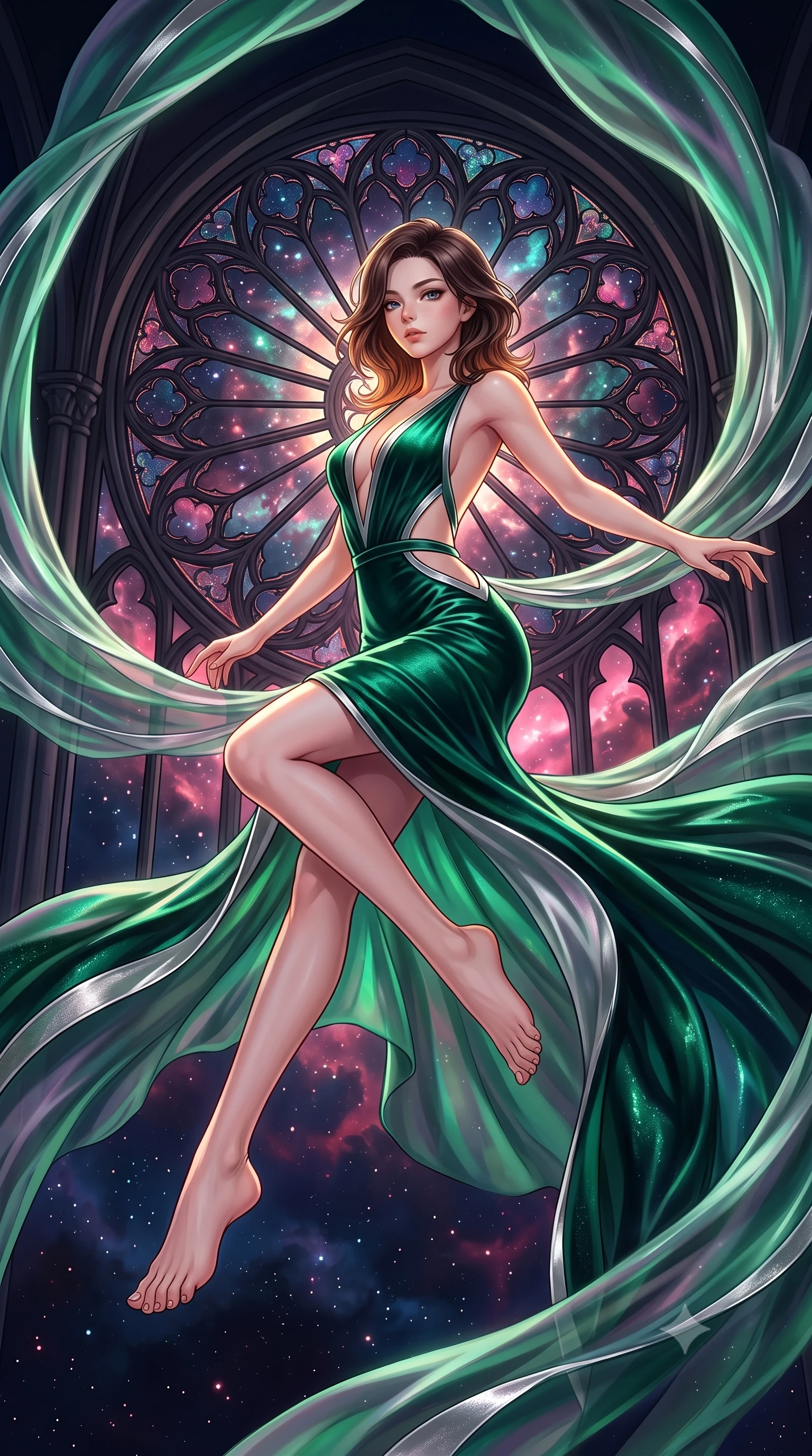 score_9, masterpiece, best quality, ultra-detailed, high-budget anime keyframe, editorial fashion photography, tasteful artistic composition, Korean woman. low angle full-body shot from head to toe showing her feet, filling the entire 9:16 vertical frame with her statuesque presence, stretching her vertical silhouette. forging dynamically through the scene with her long slender legs and ultra-slim waist creating a sweeping S-curve while performing a mid-air rotation in front of a giant stained glass rose window in space, translucent silk drapes swirling in a dynamic cosmic wind vortex. She has an absolutely perfect, statuesque 8.5-heads proportion, an exceptionally tall and slender model-like female figure with impossibly long slender legs and an ultra-slim waist. sharp v-shaped jawline, high-bridge nose, intricate jewel-like eyes with depth, thick eyelashes, glossy lips with a natural sheen, flawlessly proportioned anatomical accuracy, natural body alignment, perfectly sculpted elegant limbs, clean dynamic posture without body distortion. wearing a translucent iridescent chiffon gown with a plunging neckline and open back in deep emerald green and silver accent, made of premium stretch velvet with a rich sheen, featuring clean architectural cutouts along her slender torso, the elegant draped fit framing her graceful clavicle and slender torso. bathed in dramatic cosmic pink and navy nebula backlighting with gold key light. highly saturated vibrant anime colors, detailed shading with soft gradients, rich glossy textures, high-contrast stereoscopic depth, volumetric dynamic lighting, master piece, 9:16 ratio
