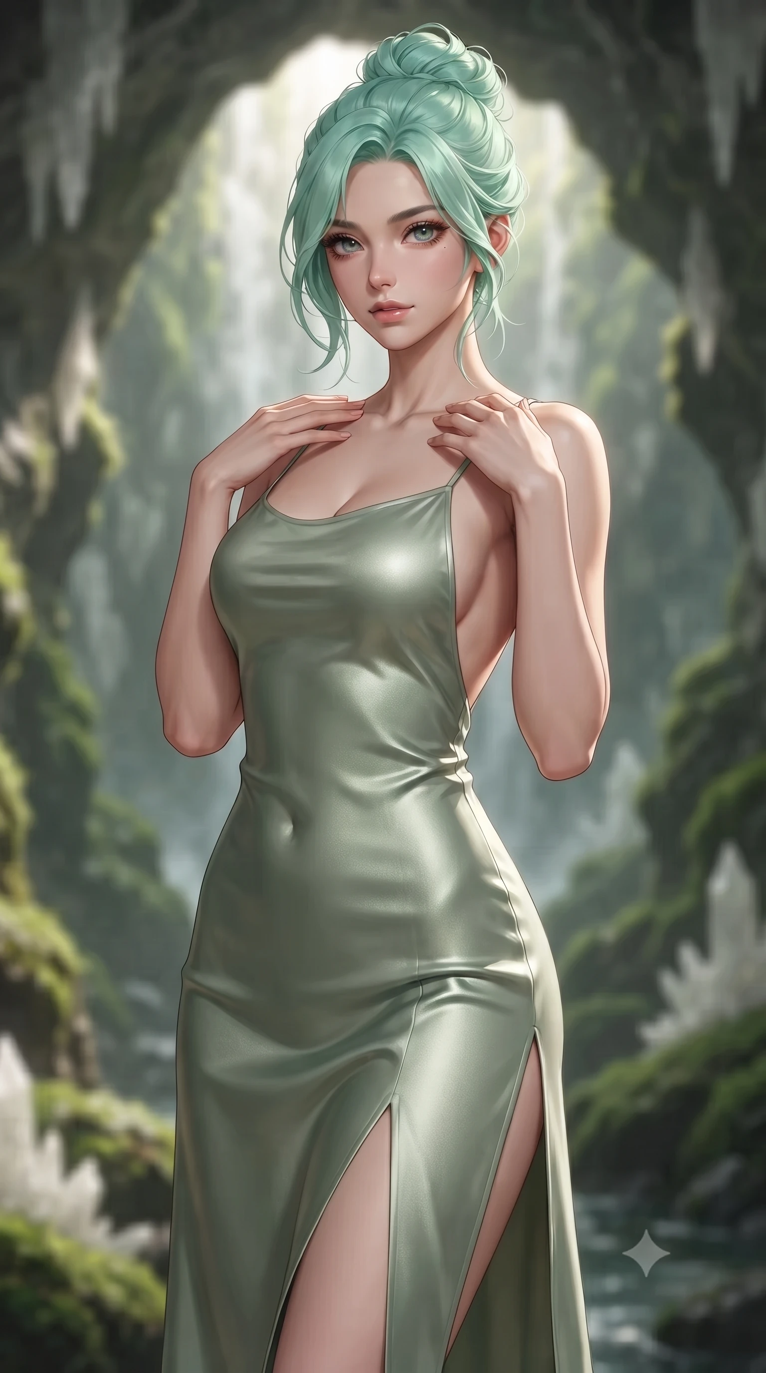 score_9, masterpiece, best quality, ultra-detailed, high-budget anime keyframe, editorial fashion photography, tasteful artistic composition, Japanese woman. close-up cowboy shot from the waist and thighs up, the character dominates the composition, filling the frame with her large presence, background elements kept in soft focus. standing in a relaxed, elegant posture with both hands resting lightly on her collarbone, looking at the viewer with bedroom-eyes, the background shows a soft-focus a waterfall cavern corridor with green moss and white quartz formations. She has an exceptionally elegant, slender, and willowy female figure with an ultra-slim waist, a gracefully sculpted slender torso, and a refined silhouette. sharp v-shaped jawline, high-bridge nose, intricate jewel-like eyes with depth, thick eyelashes, glossy lips with a natural sheen. wearing a slim-fit lightweight silk combat slip dress in sage green, featuring a high side slit and a low-cut back. crisp morning sunlight filtering through a cave opening, casting elegant shadows. ultra-reflective glossy finish, specular highlights, metallic sheen, high-contrast stereoscopic depth, volumetric dynamic lighting, 2k, ultra detail, master piece, 9:16 ratio