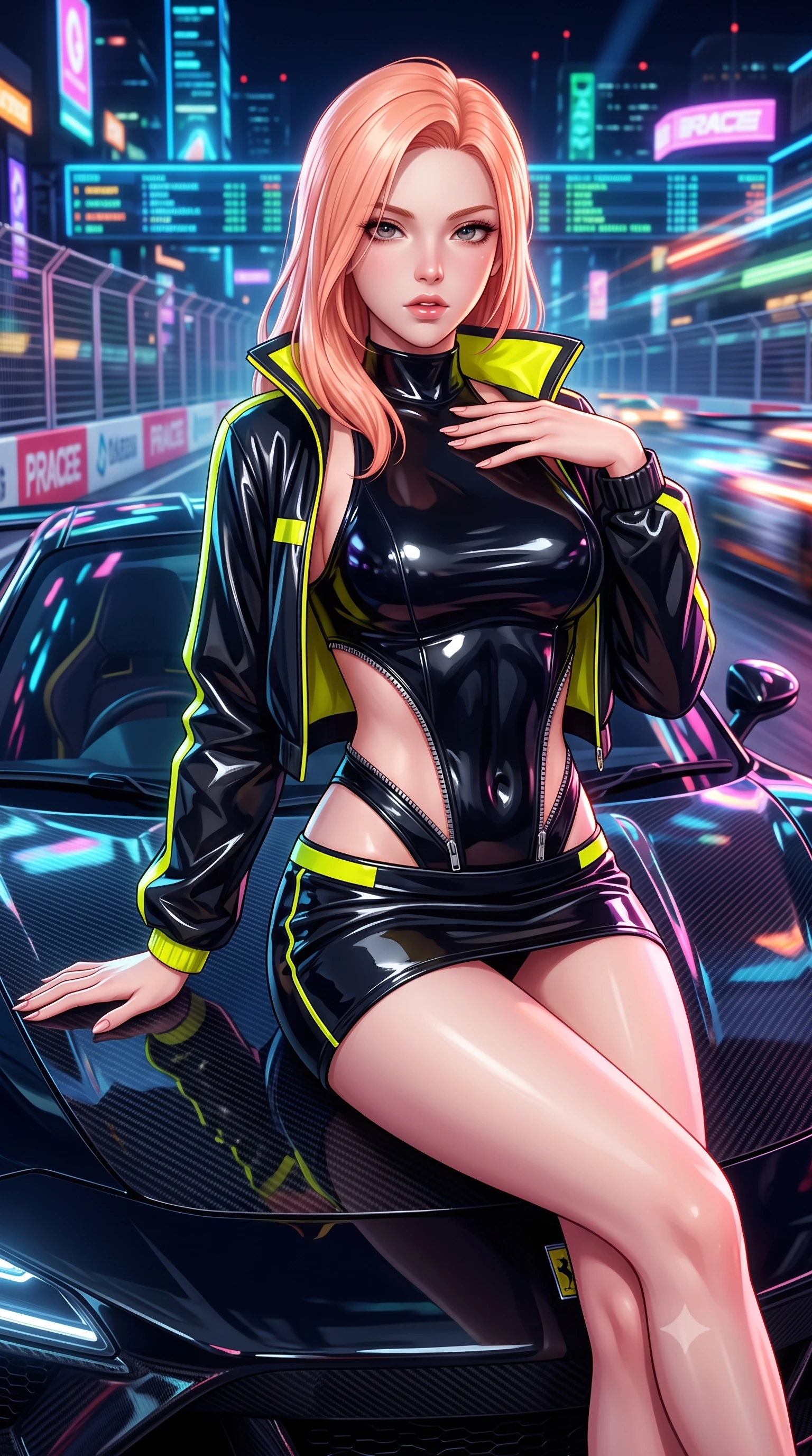 score_9, masterpiece, best quality, ultra-detailed, high-budget anime keyframe, semi-realistic 3D game render, editorial fashion photography, tasteful artistic composition, Japanese woman. close-up cowboy shot from the waist and thighs up, the character dominates the composition, filling the frame with her large presence. resting one manicured hand delicately on her bare collarbone, her upper body twisting in a fluid, voluptuous yet slender curve while sitting poised on the glossy carbon-fiber hood of a midnight hypercar, one leg extended and torso angled back with seductive confidence. The surrounding environment is rendered in vivid detail and crisp panoramic clarity. vibrant high-contrast cyberpunk motorsport chiaroscuro and raw high-speed racing adrenaline in precision. She has an exceptionally elegant, slender, and willowy female figure with an ultra-slim waist, a gracefully sculpted slender torso, toned flat midriff, and a refined slim silhouette. sharp v-shaped jawline, high-bridge nose, intricate jewel-like eyes with depth, thick eyelashes, glossy parted lips with a natural sheen, intensely captivating and seductive expression, flawlessly proportioned anatomical accuracy, strict slender model proportions, natural body alignment, perfectly sculpted long slender limbs, ultra-slim waistline, clean dynamic posture without body distortion. wearing a sporty high-cut racerback bodysuit paired with an open technical windbreaker and micro-skirt in high-gloss asphalt black and hazard neon yellow, tailored from high-gloss patent vinyl with sharp specular chiaroscuro, accented with diagonal metal zippers running across the side-waist cutouts, the precision-cut daring openings accentuating her delicate midriff, graceful bare collarbones, and ultra-slim feminine waistline. surrounded by a fierce, electrifying, and irresistibly intoxicating motorsport queen aura. highly saturated vibrant anime colors, detailed shading with soft gradients, rich glossy textures, high-contrast stereoscopic depth, volumetric dynamic lighting, master piece, 9:16 ratio