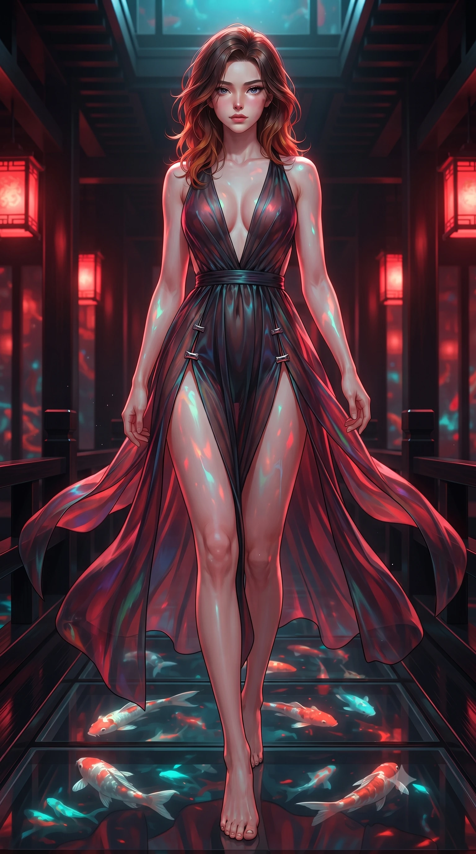 score_9, masterpiece, best quality, ultra-detailed, high-budget anime keyframe, editorial fashion photography, tasteful artistic composition, Korean woman. low angle full-body shot from head to toe showing her feet, filling the entire 9:16 vertical frame with her statuesque presence, stretching her vertical silhouette. striding forward in a proud, statuesque motion with a dangerous smolder, her vertical silhouette dominating the frame from head to toe while stepping along a floating glass bridge over an illuminated pond filled with swimming light fish. The surrounding environment is rendered in vivid detail and crisp panoramic clarity. polished black lacquer wood grain, glowing koi scales, and red lantern frame details in deep focus. She has an absolutely perfect, statuesque 8.5-heads proportion, an exceptionally tall and slender model-like female figure with impossibly long slender legs and an ultra-slim waist. sharp v-shaped jawline, high-bridge nose, intricate jewel-like eyes with depth, thick eyelashes, glossy lips with a natural sheen, flawlessly proportioned anatomical accuracy, natural body alignment, perfectly sculpted elegant limbs, clean dynamic posture without body distortion. wearing a translucent iridescent chiffon gown with a plunging neckline, high dual thigh slits, and an open back in glossy obsidian black and radiant crimson red, made of smooth iridescent silk chiffon that shifts colors with movement, finished with an ultra-high side slit secured by miniature magnetic clasps, the sleek aerodynamic cut emphasizing her magnetic presence and alluring physical grace. bathed in warm crimson lantern glow and cool cyan holographic koi refractions. ultra-reflective glossy finish, specular highlights, metallic sheen, high-contrast stereoscopic depth, volumetric dynamic lighting, 2k, ultra detail, master piece, 9:16 ratio