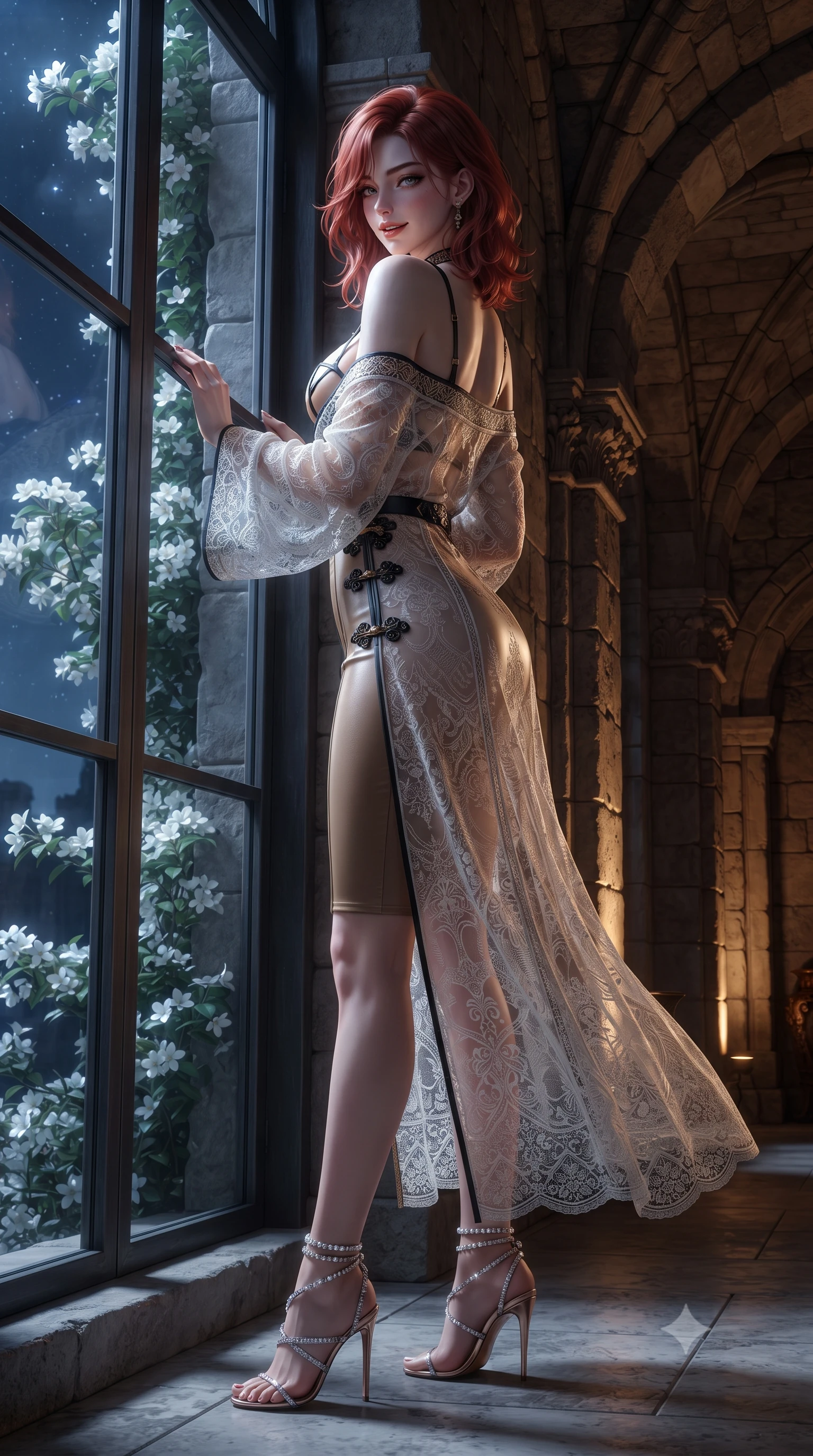 score_9, masterpiece, best quality, ultra-detailed, high-budget anime keyframe, editorial fashion photography, tasteful artistic composition, Korean woman. low angle full-body shot from head to toe showing her feet, filling the entire 9:16 vertical frame with her statuesque presence, stretching her vertical silhouette. leaning deep against the balcony balustrade with hips cocked back in an unapologetically alluring high-fashion stance, casting an intoxicating glance while reclining gracefully across the curved vintage bamboo daybed propped on one elbow, flashing a radiant, playful smile with parted glossy lips. The surrounding environment is rendered in vivid detail and crisp panoramic clarity: sharp tropical wallpaper leaf vein reliefs, natural bamboo furniture joint wraps, and polished brass door latches in deep focus. She has an exceptionally tall and slender model-like 8.5-heads proportion, an ultra-slim waist, a flat toned midriff, narrow delicate ribcage, and beautifully sculpted feminine hips creating a graceful, slim hourglass silhouette without any bulky heaviness, with impossibly long slender legs. sharp v-shaped jawline, high-bridge nose, intricate jewel-like sparkling eyes with depth, thick eyelashes, glossy parted lips with a natural peach sheen, bright cheerful beaming smile with an enchanting and coquettish sensual glint, exuding both youthful cute charm and seductive allure, flawlessly proportioned anatomical accuracy, strict slender model proportions, natural body alignment, perfectly sculpted long slender limbs, ultra-slim waistline, clean dynamic posture without body distortion. wearing a delicate sheer French Chantilly lace teddy layered under an open tailored tuxedo blazer draped over bare shoulders in Belvedere ivory pearl and Habsburg bordeaux wine, made of delicate semi-sheer French Chantilly lace with intricate eyelash edges, accented with an open-back drape framed by falling strands of delicate gold chains, the glove-like clinging cut tightly following the natural contour of her hips and long slender legs with youthful 8.5-heads elegance. bathed in the warm, flattering 2700K incandescent glow of rattan table lamps and soft garden up-lights. ultra-reflective glossy finish, specular highlights, rich textural contrasts, high-contrast stereoscopic depth, volumetric dynamic lighting, 2k, ultra detail, master piece, 9:16 ratio