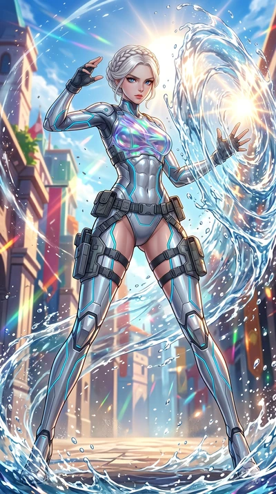 score_9, masterpiece, best quality, ultra-detailed, High-budget Anime Keyframe, beautiful Korean anime girl. Low angle cowboy shot filling the entire 9:16 frame with her overwhelming presence. Summoning a shield of water that reflects the sun with an