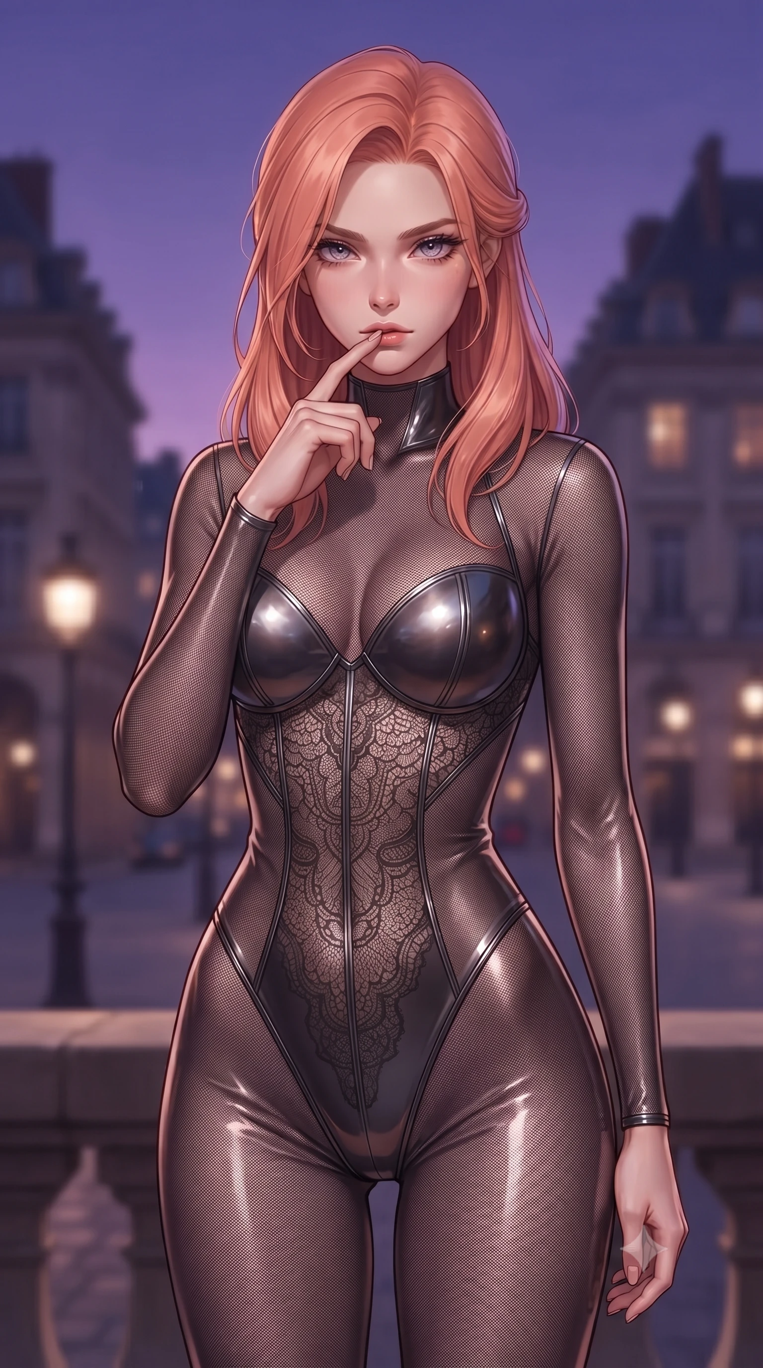 score_9, masterpiece, best quality, ultra-detailed, high-budget anime keyframe, editorial fashion photography, tasteful artistic composition, Japanese woman. close-up cowboy shot from the waist and thighs up, the character dominates the composition, filling the frame with her large presence, background elements kept in soft focus. pressing one finger to her bottom lip in a thoughtful, composed gesture, locking eyes with the viewer, the background shows a soft-focus an opera terrace veranda overlooking a historic European city at dusk. She has an exceptionally elegant, slender, and willowy female figure with an ultra-slim waist, a gracefully sculpted slender torso, and a refined silhouette. sharp v-shaped jawline, high-bridge nose, intricate jewel-like eyes with depth, thick eyelashes, glossy lips with a natural sheen. wearing a form-contouring semi-opaque dark mesh catsuit with carbon-plated cups and fine lace-pattern panels across her torso. deep violet twilight sky contrasting with the warm lights of the streetlamps. ultra-reflective glossy finish, specular highlights, metallic sheen, high-contrast stereoscopic depth, volumetric dynamic lighting, 2k, ultra detail, master piece, 9:16 ratio