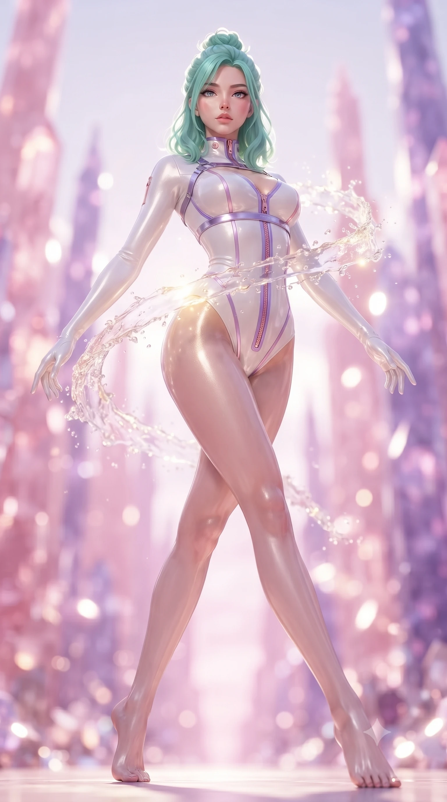 score_9, masterpiece, best quality, ultra-detailed, high-budget anime keyframe, editorial fashion photography, tasteful artistic composition, Japanese woman. low angle full-body shot from head to toe showing her feet, filling the entire 9:16 vertical frame with her statuesque presence, stretching her vertical silhouette. pivoting dynamically in mid-motion with a breathtakingly alluring posture, displaying her flawless model proportions and ultra-slim waist while arching her back in a fluid motion as cascading crystal stream mist catches golden sunlight around her torso. The composition keeps background elements in soft focus with creamy bokeh. towering rose quartz and amethyst canyon spires blurred into radiant pastel pink and violet bokeh. She has an absolutely perfect, statuesque 8.5-heads proportion, an exceptionally tall and slender model-like female figure with impossibly long slender legs, a toned flat midriff, and an ultra-slim waist. sharp v-shaped jawline, high-bridge nose, intricate jewel-like eyes with depth, thick eyelashes, glossy lips with a natural sheen, flawlessly proportioned anatomical accuracy, strict slender model proportions, natural body alignment, perfectly sculpted long slender limbs, ultra-slim waistline, clean dynamic posture without body distortion. wearing a glossy white second-skin latex bodysuit with high-thigh cuts, exposed clavicle neckline, and gleaming zipper details in luminous lavender violet and rose gold, made of liquid metal jersey that clings flawlessly to every contour of her build, reinforced by a sleek metallic chrome harness and delicate glowing micro-straps, the glove-like aerodynamic second-skin fit tightly clinging to her ultra-slender waist and athletic curves without adding bulk, accentuating her razor-sharp statuesque lines and slim hourglass silhouette. surrounded by a pristine, refreshing, and intensely seductive crystal nymph atmosphere. ultra-reflective glossy finish, specular highlights, metallic sheen, high-contrast stereoscopic depth, volumetric dynamic lighting, 2k, ultra detail, master piece, 9:16 ratio