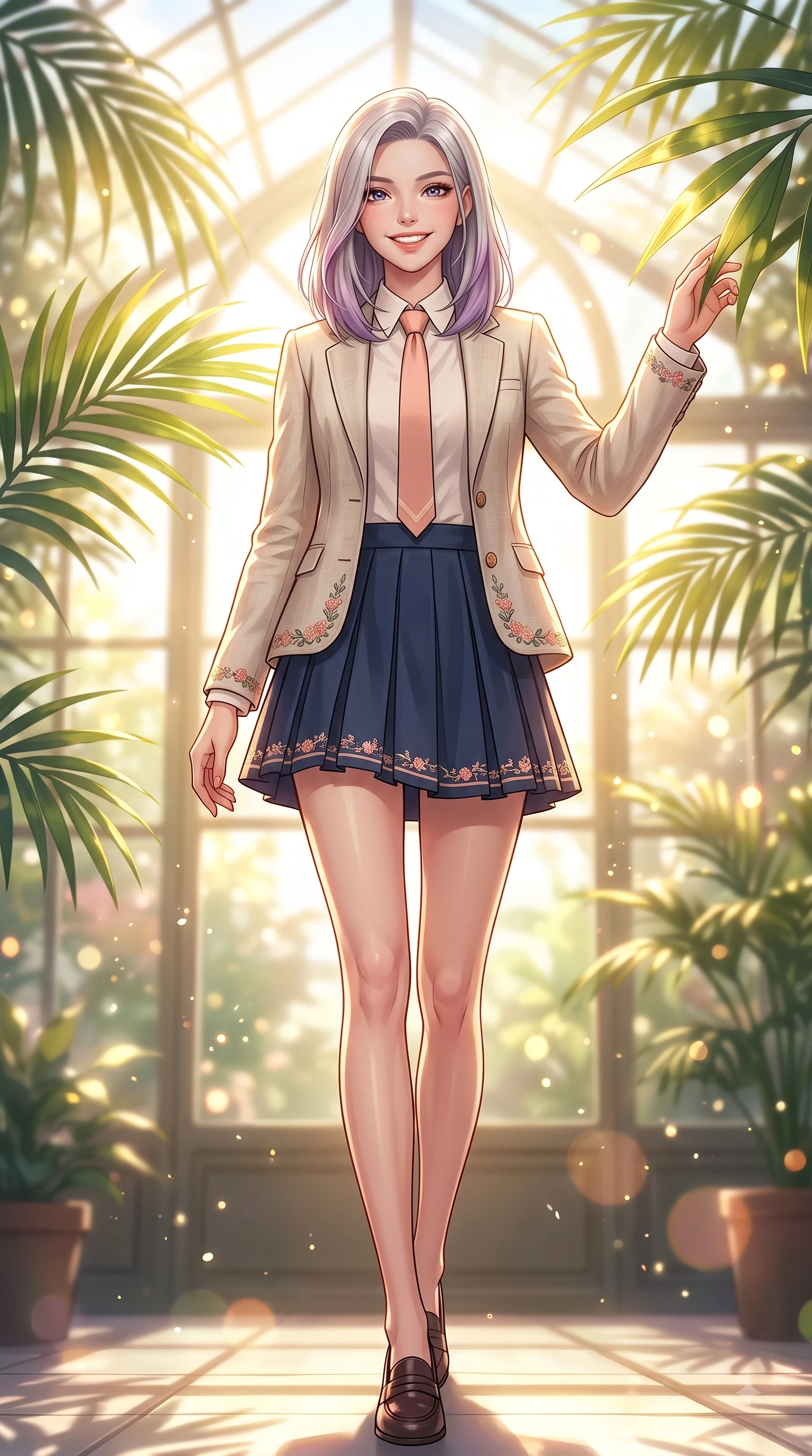 score_9, masterpiece, best quality, ultra-detailed, high-budget anime keyframe, editorial fashion photography, tasteful artistic composition, Caucasian woman. low angle full-body shot from head to toe showing her feet, filling the entire 9:16 vertical frame with her statuesque presence, stretching her vertical silhouette. walking forward in a proud dynamic stride with a cheerful beaming smile, her vertical silhouette filling the frame while reaching out playfully to touch a sun-lit green leaf while smiling with sparkling eyes into the lens. The composition keeps background elements in soft focus with dreamy bokeh. sun-drenched tropical palm leaves scattering soft background light motes around her silhouette. She has an absolutely perfect, statuesque 8.5-heads proportion, an exceptionally tall and slender model-like female figure with impossibly long slender legs and an ultra-slim waist. sharp v-shaped jawline, high-bridge nose, intricate jewel-like eyes with depth, thick eyelashes, glossy lips with a natural sheen, flawlessly proportioned anatomical accuracy, natural body alignment, perfectly sculpted elegant limbs, clean dynamic posture without body distortion. wearing a preppy academy blazer over a crisp collared shirt, navy pleated skirt, and a slim necktie in peach blossom pink and warm oatmeal, crafted from soft breathable linen, complemented by delicate embroidered floral trim along the hem, the chic real-way fashion cut emphasizing her effortless charm. bathed in bright golden sunlight filtering through conservatory glass panes. highly saturated vibrant anime colors, detailed shading with soft gradients, rich glossy textures, high-contrast stereoscopic depth, volumetric dynamic lighting, master piece, 9:16 ratio