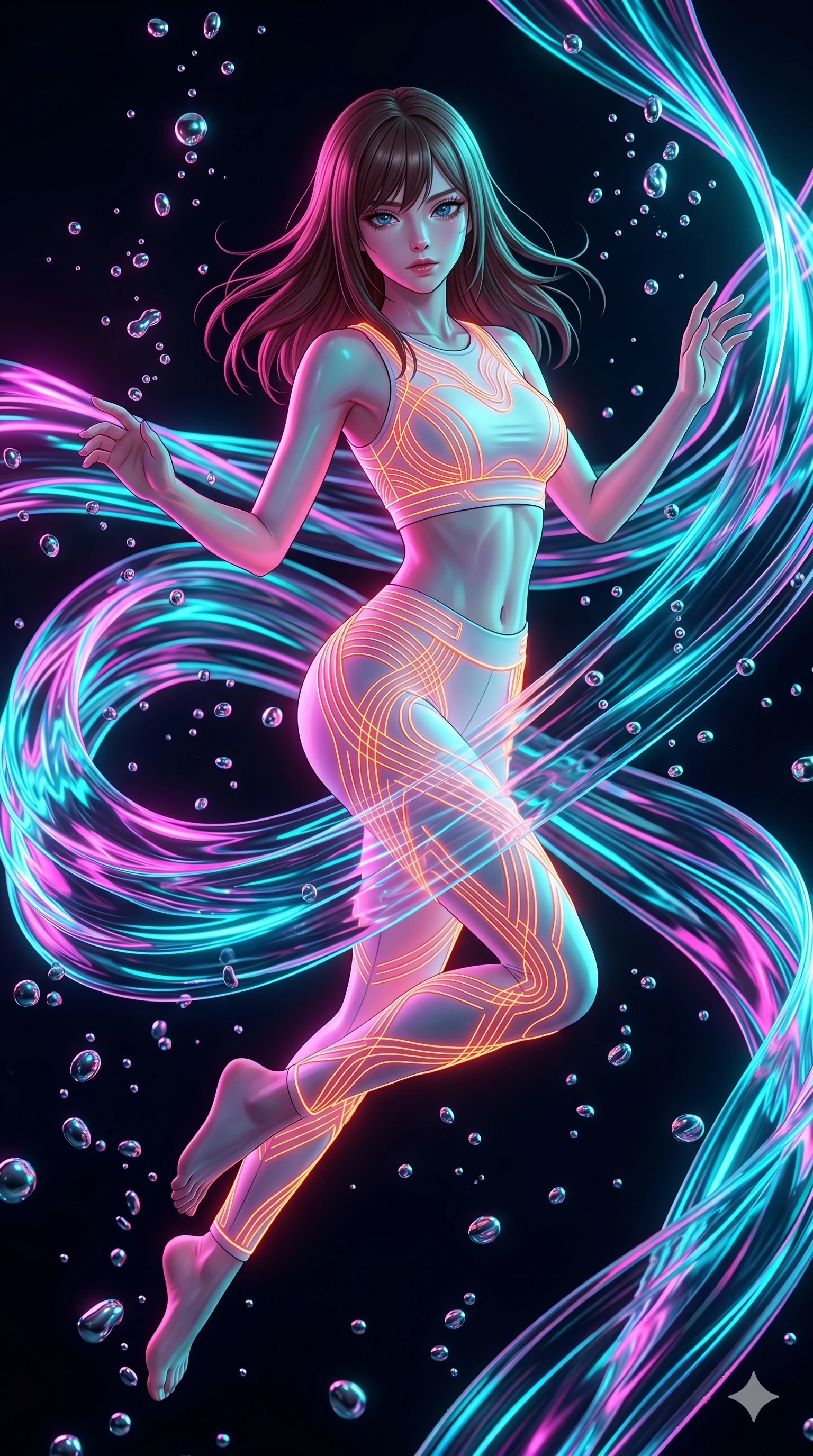 score_9, masterpiece, best quality, ultra-detailed, high-budget anime keyframe, editorial fashion photography, tasteful artistic composition, Korean woman. upper body close-up from the thighs up, character filling the screen for maximum presence. swirling in a vortex of on holographic fluid ribbons of sound that ripple with cyan and magenta light in a dark virtual void while liquid mercury droplets float upward in zero gravity. She has an absolutely perfect 8-heads proportion, an exceptionally tall and slender female figure with impossibly long slender legs and an ultra-slim waist. V-shaped jawline, high-bridge nose, intricate jewel-like eyes with depth, thick eyelashes, glossy lips with a natural sheen.. wearing a neon filament activewear set, featuring a tight white crop top and matching leggings woven with glowing orange neon filaments highlighting her slender body contour. lit by intense neon pink and turquoise dual-tone backlighting, creating a futuristic mood. 2k, ultra detail, master piece, 9:16 ratio