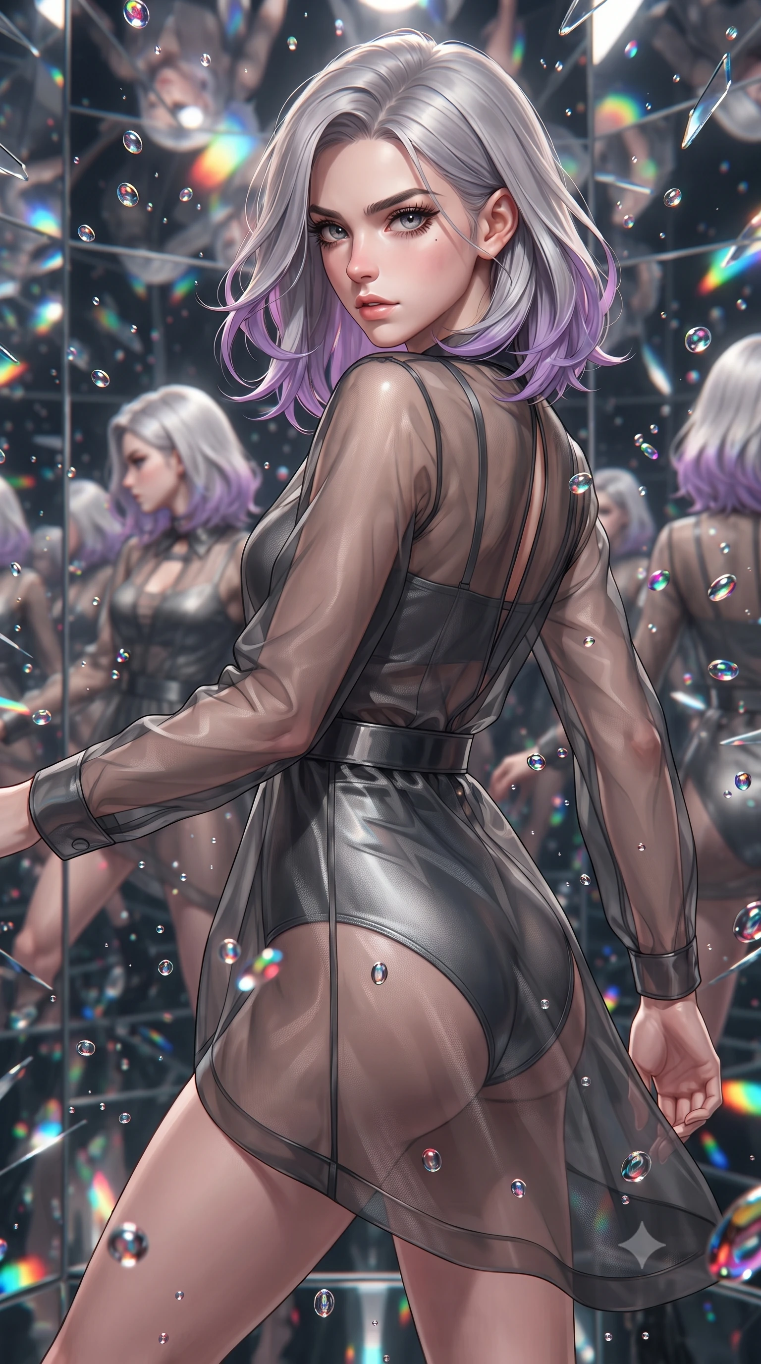 score_9, masterpiece, best quality, ultra-detailed, high-budget anime keyframe, editorial fashion photography, tasteful artistic composition, Caucasian woman. close-up cowboy shot from the waist and thighs up, the character dominates the composition, filling the frame with her large presence, background elements kept in soft focus. Pivoting sharply while looking back over her shoulder with heavy lashes and a confident, intense gaze while leaping through a kaleidoscope mirror corridor as her reflection multiplies endlessly, vibrant paint droplets frozen in time casting specular highlights. She has an exceptionally elegant, slender, and willowy female figure with an ultra-slim waist, a gracefully sculpted slender torso, and a refined silhouette. sharp v-shaped jawline, high-bridge nose, intricate jewel-like eyes with depth, thick eyelashes, glossy lips with a natural sheen, flawlessly proportioned anatomical accuracy, natural body alignment, perfectly sculpted elegant limbs, clean dynamic posture without body distortion. wearing a semi-opaque sheer overlay dress over a leather micro-bodysuit in charcoal grey and platinum, woven from fine semi-opaque sheer organza, accented with a Tasteful chest slit framing her clavicle gracefully, the elegant draped fit framing her graceful clavicle and slender torso. bathed in brilliant multi-color rainbow light refracting through mirror fragments. ultra-reflective glossy finish, specular highlights, metallic sheen, high-contrast stereoscopic depth, volumetric dynamic lighting, 2k, ultra detail, master piece, 9:16 ratio