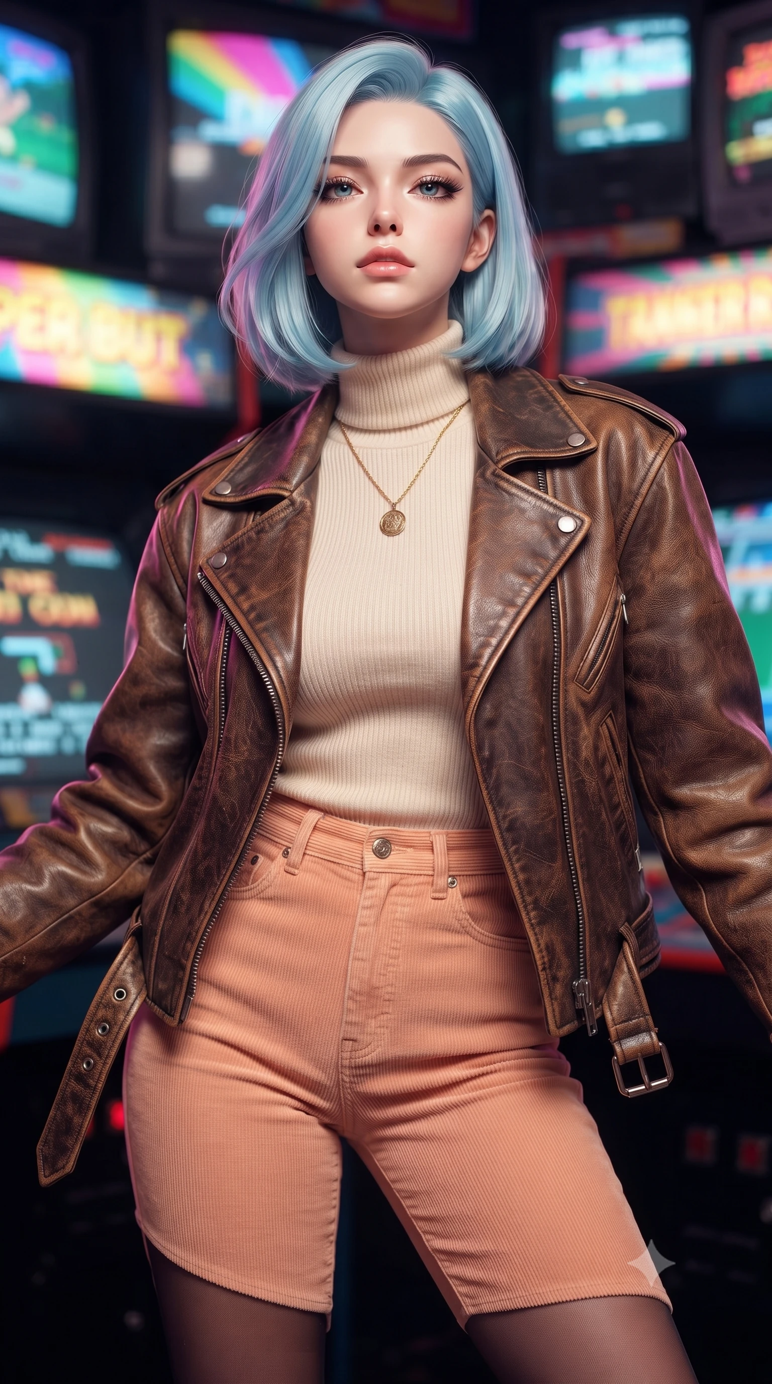 score_9, masterpiece, best quality, ultra-detailed, high-budget anime keyframe, editorial fashion photography, tasteful artistic composition, Korean woman. close-up cowboy shot from the waist and thighs up, the character dominates the composition, filling the frame with her large presence. tilting her chin up with proud, sovereign confidence while gazing directly into the lens with thick, dark eyelashes while pivoting dynamically between colorful arcade cabinets as 8-bit CRT screens flash vibrant pixel art across her stylish outfit. The composition keeps background elements in soft focus with creamy bokeh. flashing CRT arcade screens and glowing marquee game titles blurred into radiant rainbow, electric pink, and cyan bokeh. She has an exceptionally elegant, slender, and willowy female figure with an ultra-slim waist, a gracefully sculpted slender torso, toned flat midriff, and a refined slim silhouette. sharp v-shaped jawline, high-bridge nose, intricate jewel-like eyes with depth, thick eyelashes, glossy lips with a natural sheen, captivating and magnetic expression, flawlessly proportioned anatomical accuracy, strict slender model proportions, natural body alignment, perfectly sculpted long slender limbs, ultra-slim waistline, clean dynamic posture without body distortion. wearing an iconic oversized vintage brown leather biker jacket worn over a snug ribbed turtleneck and high-rise mom jeans in soft peach and French sky blue, tailored from soft fine-wale corduroy with rich velvety texture, accented with a vintage gold coin pendant necklace and dark sheer tights, the liquid-tight tailored fabric emphasizing every curve of her tall, slender model proportions and sculptured silhouette during dynamic movement. surrounded by a playful, energetic, and delightfully charming 80s arcade sweetheart aura. ultra-reflective glossy finish, specular highlights, rich textural contrasts, high-contrast stereoscopic depth, volumetric dynamic lighting, 2k, ultra detail, master piece, 9:16 ratio