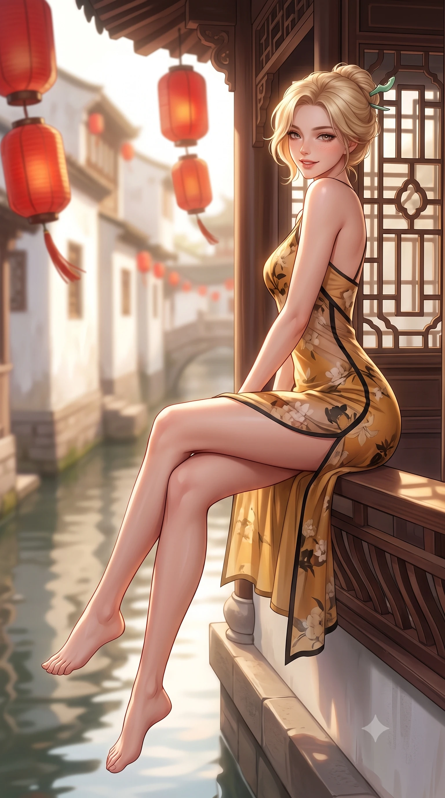 score_9, masterpiece, best quality, ultra-detailed, high-budget anime keyframe, semi-realistic 3D game render, editorial fashion photography, tasteful artistic composition, Caucasian woman. low angle full-body shot from head to toe showing her feet, filling the entire 9:16 vertical frame with her statuesque presence, stretching her vertical silhouette. sitting perched on the elevated pavilion terrace edge with legs crossed and hips angled toward the camera, displaying her toned midriff and long slender limbs with joyful, coquettish charm while leaning against an ornate lattice window with hips cocked back, looking over a bare shoulder with an intoxicating, sun-dappled gaze. The background shows a soft-focus red silk lanterns swaying in the breeze above the slow-moving canal softened in poetic Suzhou shallow focus. She has an absolutely perfect, statuesque 8.5-heads proportion, an exceptionally tall and slender model-like female figure with impossibly long slender legs, an ultra-slim waist, a flat toned midriff, narrow delicate ribcage, and beautifully sculpted feminine hips creating a graceful, slim hourglass silhouette without any bulky heaviness. sharp v-shaped jawline, high-bridge nose, intricate jewel-like dark sparkling almond eyes with depth, thick lashes, glossy parted lips with a natural rose-plum sheen, bright alluring and coquettish smile with bedroom-eyes, exuding both timeless oriental elegance and sovereign high-fashion allure, flawlessly proportioned anatomical accuracy, strict slender model proportions, natural body alignment, perfectly sculpted long slender limbs, ultra-slim waistline, clean dynamic posture without body distortion. wearing a delicate semi-sheer floral chiffon kaftan slip dress layered over a matching silk slip, accentuating her slender waist and hips in antique saffron gold and ebony black, tailored from fine crisp cotton-linen with clean structural lines, featuring a modern sculptural jade hair pin securing her loose silky updo, the glove-like silhouette tightly following the natural contour of her hips and long slender legs with youthful 8.5-heads elegance. bathed in warm late-afternoon golden hour light reflecting off whitewashed walls and calm waters. highly saturated vibrant anime colors, detailed shading with soft gradients, rich glossy textures, high-contrast stereoscopic depth, volumetric dynamic lighting, master piece, 9:16 ratio