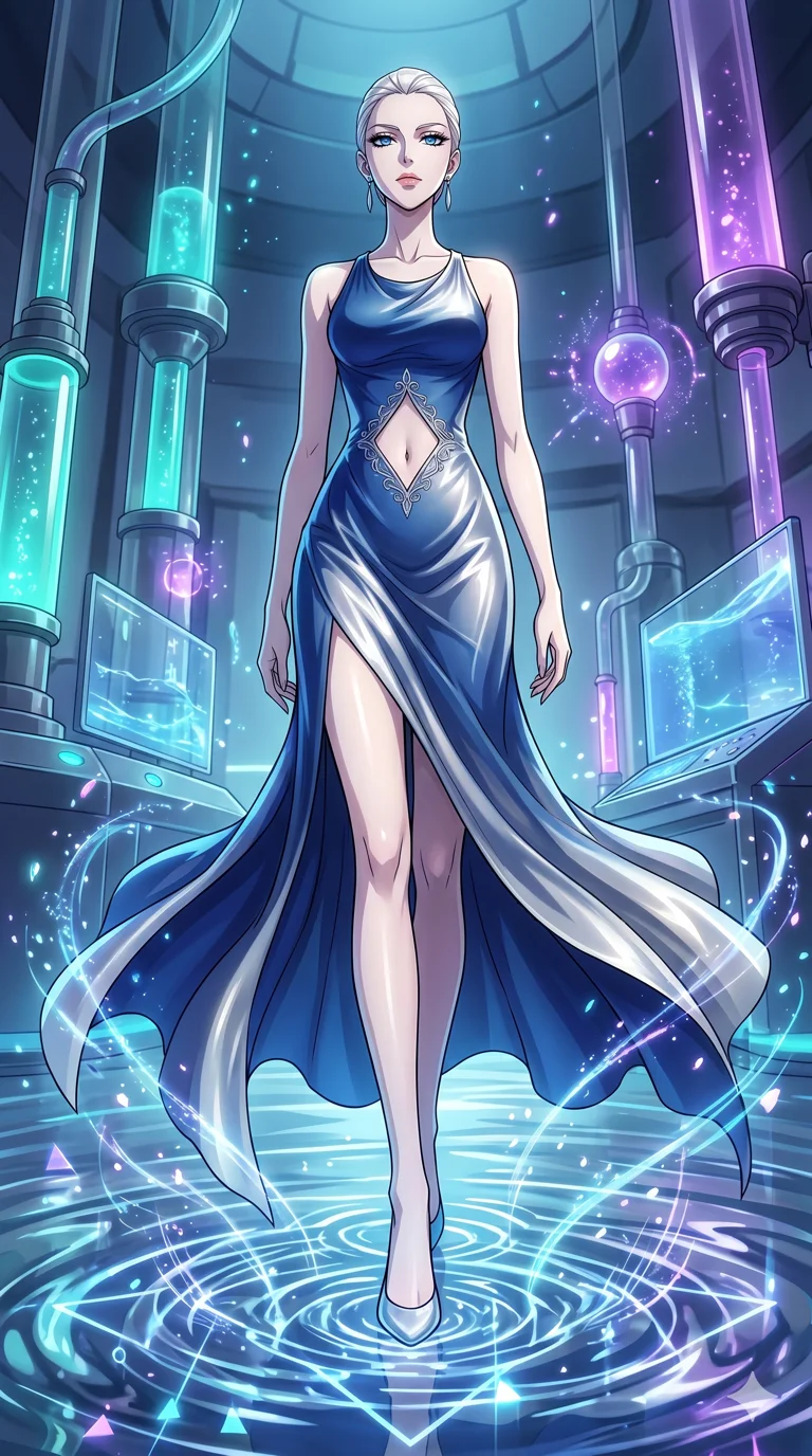 score_9, masterpiece, best quality, ultra-detailed, High-budget Anime Keyframe, vibrant colors, fluid line-art, expressive lighting, cinematic composition, Ufotable-style visual effects, top-tier animation quality, Caucasian woman with pale skin and refined features. Low angle cowboy shot filling the entire 9:16 frame with her statuesque presence, looking up to emphasize her height. Walking upon a surface of vibrating fluid that reacts to her every step with geometric ripples. She has an absolutely perfect 8-heads proportion, an exceptionally tall and slender female figure with impossibly long slender legs and an ultra-slim waist, her statuesque height and towering silhouette dominating the vertical 9:16 frame. Her face is a masterpiece featuring a sharp v-shaped jawline, high-bridge nose, intricate jewel-like eyes with depth, thick eyelashes, and glossy lips with a natural sheen. She is wearing a Flowing silk gown that ripples like liquid, featuring a small diamond-shaped cutout at the navel. The scene is set in a futuristic vibration lab filled with glowing resonators and liquid displays. 2k, ultra detail, master piece, 9:16 ratio