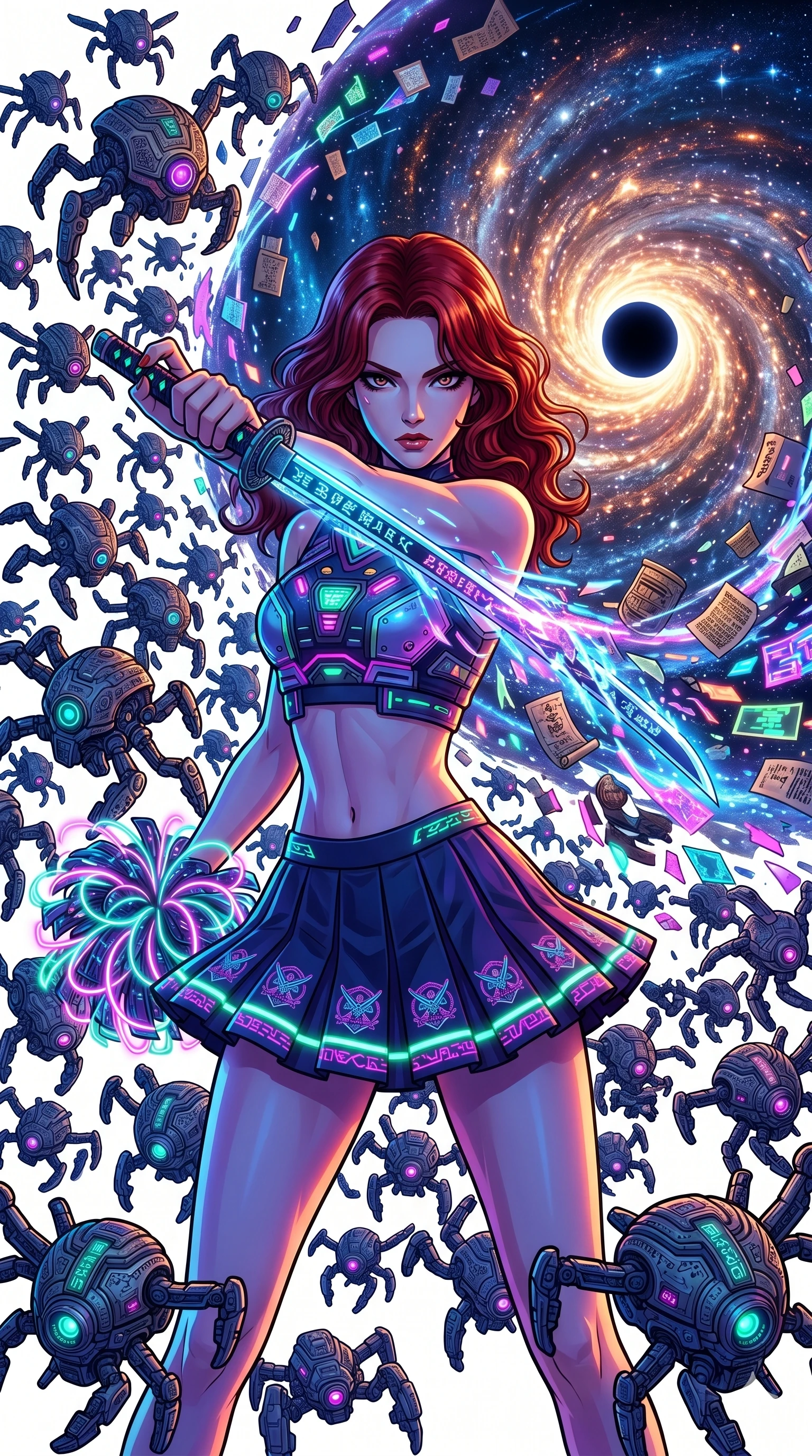 score_9, masterpiece, best quality, ultra-detailed, Set A: High-budget Anime Keyframe, Korean woman. Upper body close-up from the thighs up, character filling the screen for maximum presence. Theme: Historical Remix. shattering the fabric of reality in the edge of a black hole, surrounded by 129 hovering guardian drones. The atmosphere is filled with a swirling vortex of stars. She has an absolutely perfect 8-heads proportion, an exceptionally tall and slender female figure with impossibly long slender legs and an ultra-slim waist. Sharp v-shaped jawline, high-bridge nose, intricate jewel-like eyes with depth, glossy lips. Wearing Cyber-punk cheerleader outfit with glowing pom-poms and a neon-trim pleated skirt. Cinematic lighting, vivid colors, dramatic shadows, 2k, ultra detail, master piece, 9:16 ratio