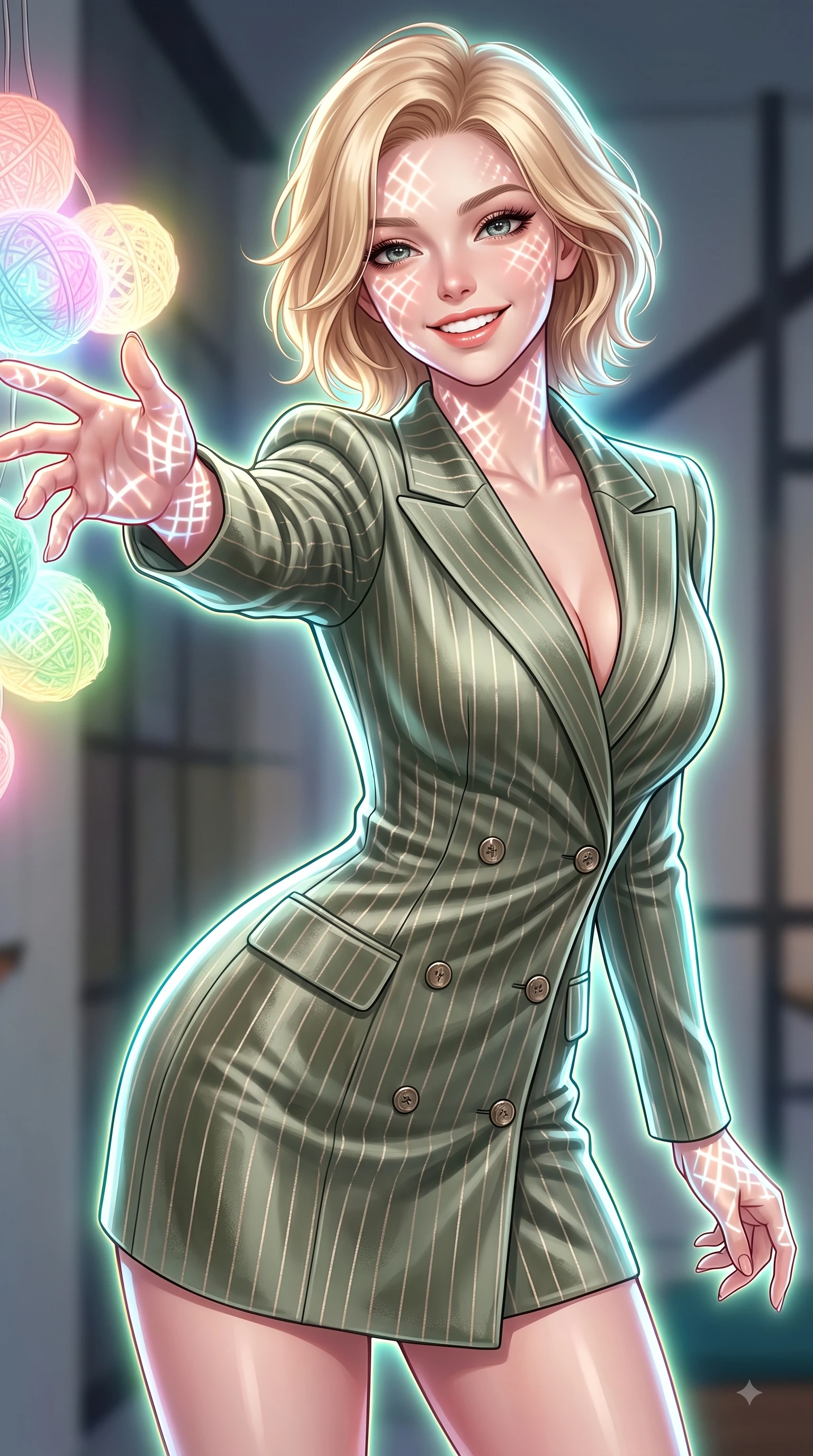 score_9, masterpiece, best quality, ultra-detailed, high-budget anime keyframe, editorial fashion photography, tasteful artistic composition, Caucasian woman. close-up cowboy shot from the waist and thighs up, the character dominates the composition, filling the frame with her large presence, background elements kept in soft focus. Radiant bright smile with sparkling eyes directed right into the lens, her torso turning in a dynamic S-curve alignment while reaching forward with a cheerful arm stretch to touch a cluster of glowing yarn spheres, intricate geometric lattice patterns of bright light projected onto her skin. She has an exceptionally elegant, slender, and willowy female figure with an ultra-slim waist, a gracefully sculpted slender torso, and a refined silhouette. sharp v-shaped jawline, high-bridge nose, intricate jewel-like eyes with depth, thick eyelashes, glossy lips with a natural sheen, flawlessly proportioned anatomical accuracy, natural body alignment, perfectly sculpted elegant limbs, clean dynamic posture without body distortion. wearing a double-breasted blazer dress with subtle metallic pin-stripes in sage green and oatmeal, made of premium stretch velvet with a rich sheen, accented with a Tasteful chest slit framing her clavicle gracefully, the tailored fabric tightly following every curve of her athletic build. surrounded by a vibrant fluorescent aura with bright specular rim lights. highly saturated vibrant anime colors, detailed shading with soft gradients, rich glossy textures, high-contrast stereoscopic depth, volumetric dynamic lighting, master piece, 9:16 ratio