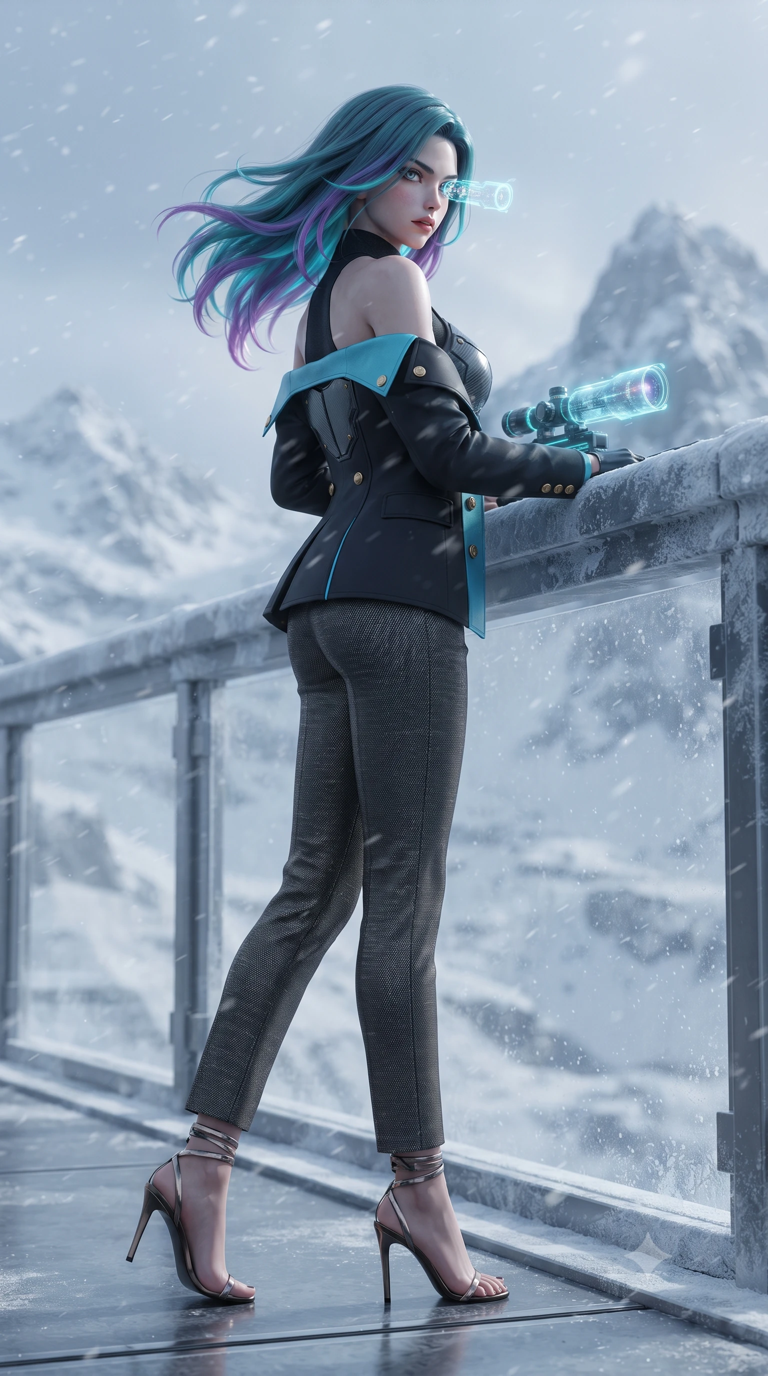 score_9, masterpiece, best quality, ultra-detailed, high-budget anime keyframe, editorial fashion photography, tasteful artistic composition, Caucasian woman. low angle full-body shot from head to toe showing her feet, filling the entire 9:16 vertical frame with her statuesque presence, stretching her vertical silhouette. walking along the terrace with poise, looking back over her bare shoulder with an irresistible smoldering bedroom-gaze while leaning against the tactical parapet with hips cocked back, looking through illuminated holographic sniper optics toward frozen mountain peaks with bedroom-eyes. The background shows a soft-focus fine wind-whipped powder snow softened in high-altitude mountain outpost shallow focus. She has an exceptionally tall and slender model-like 8.5-heads proportion, an ultra-slim waist, a flat toned midriff, narrow delicate ribcage, and beautifully sculpted feminine hips creating a graceful, slim hourglass silhouette without any bulky heaviness, with impossibly long slender legs. sharp v-shaped jawline, high-bridge nose, intricate jewel-like sparkling eyes with depth, thick eyelashes, glossy parted lips with a natural peach sheen, bright cheerful beaming smile with an enchanting and coquettish sensual glint, exuding both youthful cute charm and seductive allure, flawlessly proportioned anatomical accuracy, strict slender model proportions, natural body alignment, perfectly sculpted long slender limbs, ultra-slim waistline, clean dynamic posture without body distortion. wearing a structured cyber-infantry dress uniform jacket with carbon-fiber chest plating and brass buttons over a mock-neck top and tailored wool trousers in tactical obsidian black and high-voltage cyan, tailored from high-density tech-wool with subtle metallic thread weave, complemented by strappy stiletto sandals with metallic ankle wraps accentuating her slender calves, the impeccably tailored cut draping gracefully along her slender figure with aristocratic poise. bathed in the natural undulating luminescence of polar auroras contrasted with warm 2500K dome interior cove lighting. ultra-reflective glossy finish, specular highlights, rich textural contrasts, high-contrast stereoscopic depth, volumetric dynamic lighting, 2k, ultra detail, master piece, 9:16 ratio