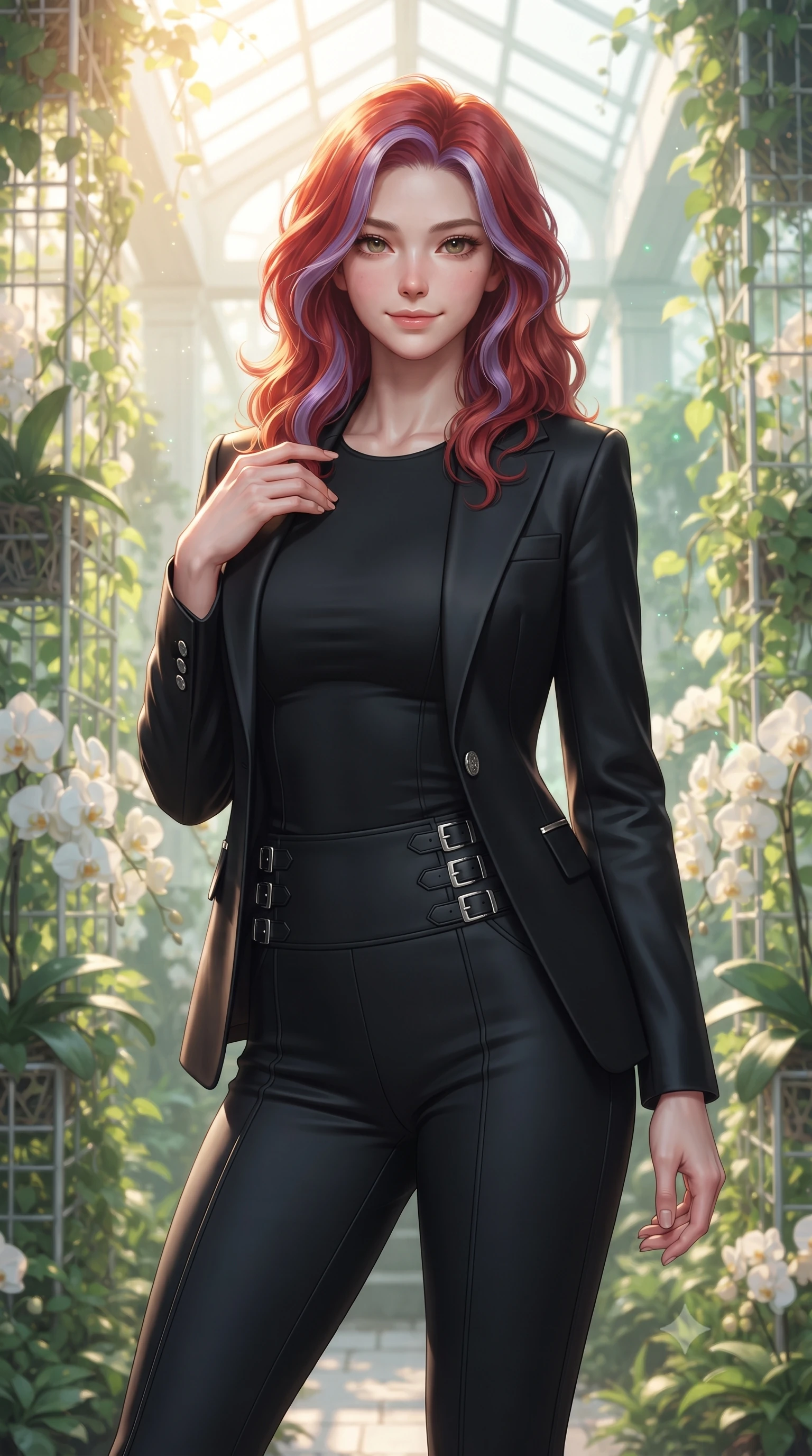 score_9, masterpiece, best quality, ultra-detailed, high-budget anime keyframe, editorial fashion photography, tasteful artistic composition, Caucasian woman. close-up cowboy shot from the waist and thighs up, the character dominates the composition, filling the frame with her large presence, background elements kept in soft focus. Smiling with quiet, magnetic self-assurance directly into the lens forging through an overgrown greenhouse filled with platinum wire lattices, lush green vines and white orchids framing the bright architectural backdrop. She has an exceptionally elegant, slender, and willowy female figure with an ultra-slim waist, a gracefully sculpted slender torso, and a refined silhouette. sharp v-shaped jawline, high-bridge nose, intricate jewel-like eyes with depth, thick eyelashes, glossy lips with a natural sheen. wearing a tailored silk blazer over a form-contouring top and fitted slacks in matte black and polished silver, formed from sleek second-skin neoprene, detailed with polished silver buckles along the waistline, the form-contouring material highlighting her ultra-slim waist and long lines. bathed in warm golden sunlight and soft emerald bioluminescent glow. highly saturated vibrant anime colors, detailed shading with soft gradients, rich glossy textures, high-contrast stereoscopic depth, volumetric dynamic lighting, master piece, 9:16 ratio