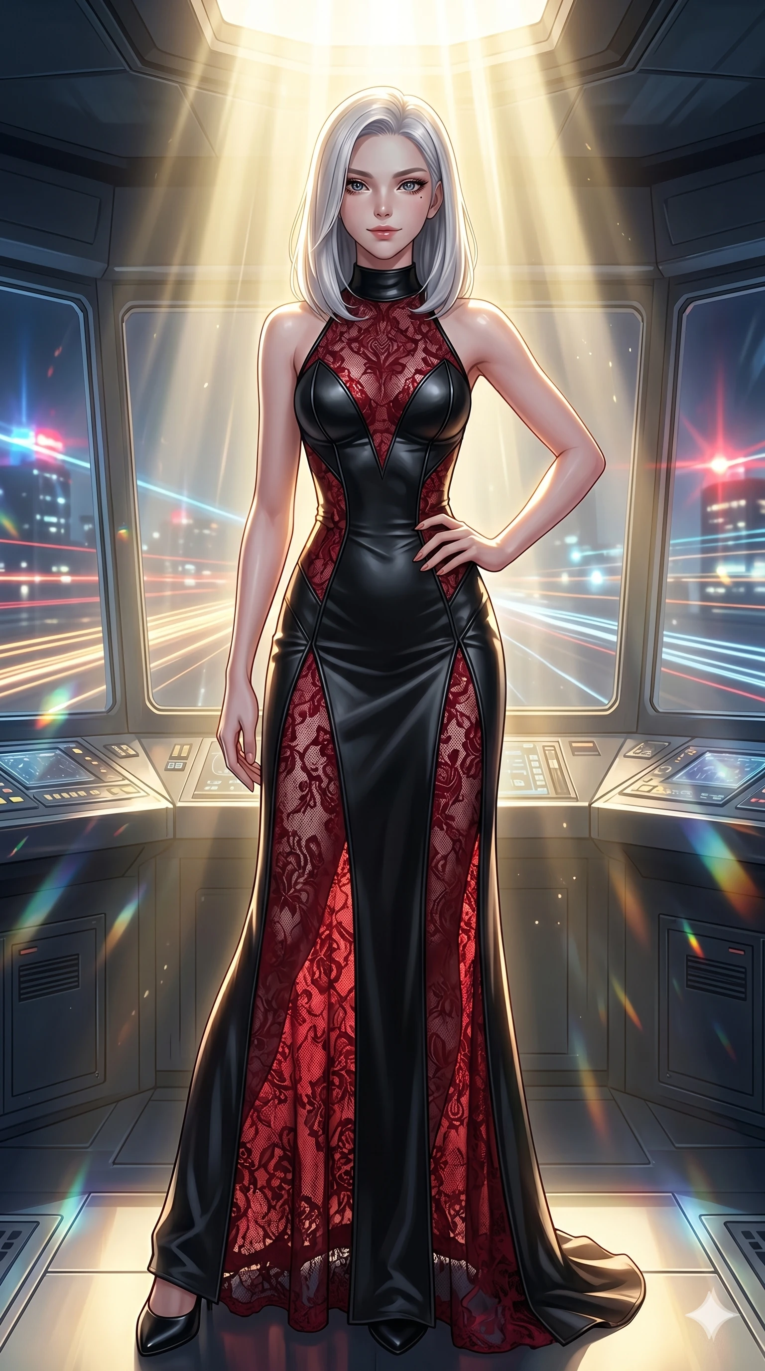 score_9, masterpiece, best quality, ultra-detailed, high-budget anime keyframe, editorial fashion photography, tasteful artistic composition, Korean woman. cowboy shot from the thighs up, character and outfit filling the frame for maximum editorial presence. Smiling with quiet, magnetic self-assurance, her gaze holding the viewer in place inside a cyber-punk control tower with panoramic windows reflecting flashing beacons. She has an absolutely perfect 8-heads proportion, an exceptionally tall and slender female figure with impossibly long slender legs and an ultra-slim waist. V-shaped jawline, high-bridge nose, intricate jewel-like eyes with depth, thick eyelashes, glossy lips with a natural sheen. wearing a floor-length cyber-gothic gown combining matte black leather panels with semi-opaque crimson lace. drenched in cinematic god-ray sunlight descending from above, illuminating her form with bright highlights. 2k, ultra detail, master piece, 9:16 ratio