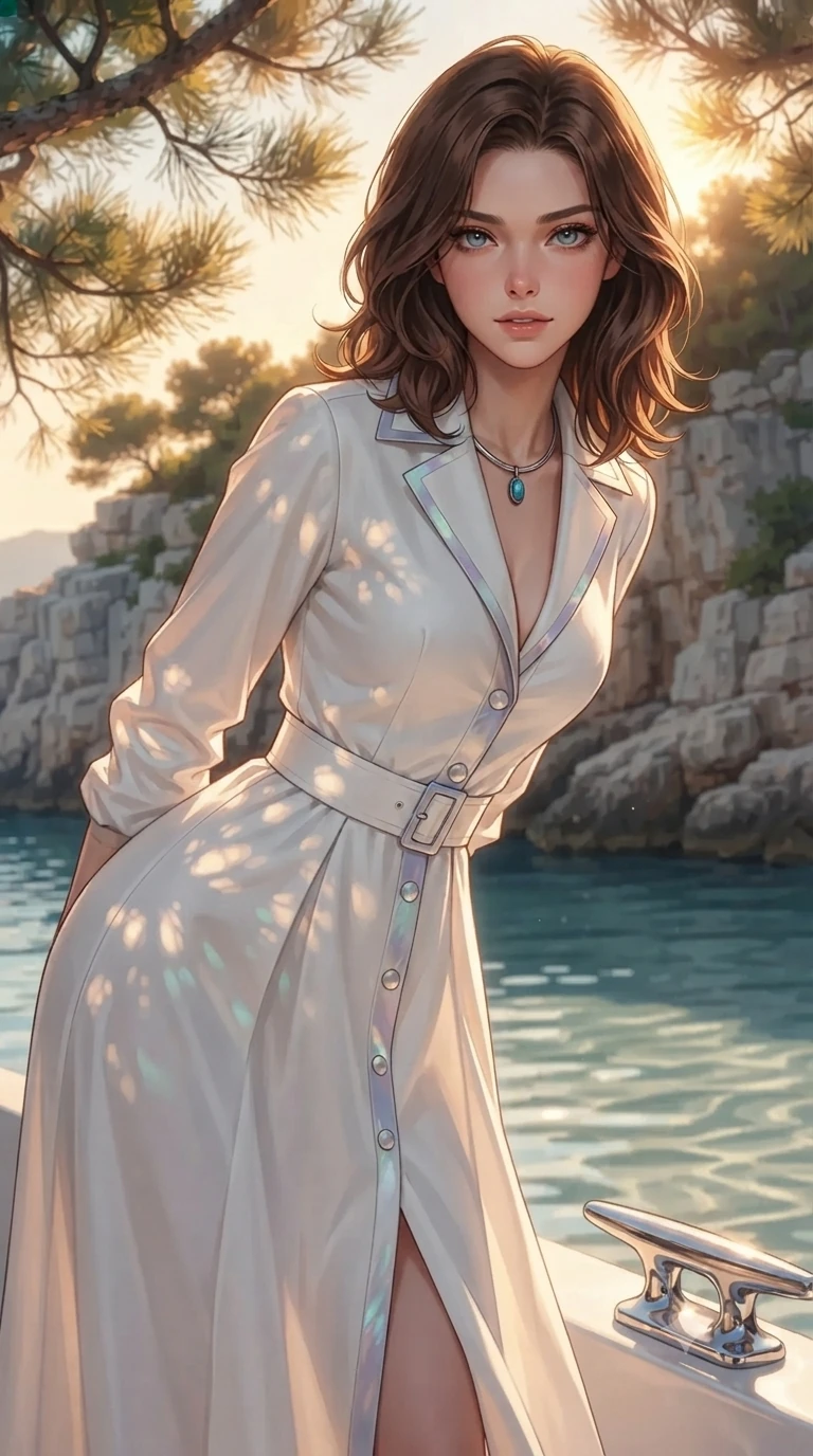 score_9, masterpiece, best quality, ultra-detailed, high-budget anime keyframe, editorial fashion photography, tasteful artistic composition, Korean woman. close-up cowboy shot from the waist and thighs up, the character dominates the composition, filling the frame with her large presence. leaning forward while arching her lower back to accentuate her curvy hips, looking into the camera with an intoxicating smoldering gaze and bedroom-eyes while twisting her slender torso in an alluring contrapposto stance, dappled pine branch shadows and turquoise reflections tracing her narrow waist and curvy hips. The surrounding environment is rendered in vivid detail and crisp panoramic clarity: sharp limestone cliff stratification, submerged white sand ripple patterns, and polished yacht chrome cleat reflections in deep focus. She has an exceptionally elegant, slender, and willowy female figure with an ultra-slim waist, flat toned midriff, narrow ribcage, and sculpted feminine hips creating an alluring, slim hourglass silhouette without bulk. sharp v-shaped jawline, high-bridge nose, sparkling eyes with hypnotic seductive depth, thick curled eyelashes, glossy parted lips with a natural dewy peach sheen, alluring bedroom-eyes with an enchanting coquettish smile, exuding magnetic siren charisma and sophisticated glamour, flawlessly proportioned anatomical accuracy, strict slender model proportions, natural body alignment, perfectly sculpted long slender limbs, ultra-slim waistline, clean dynamic posture without body distortion. wearing a tailored white cotton poplin resort trench dress with structured waist belt and mother-of-pearl buttons in iridescent mother-of-pearl and dusk lavender, tailored from heavy double-faced silk georgette with an exceptionally fluid drape, finished with a minimalist chrome choker and a single turquoise stone pendant, the bespoke structured tailoring following the natural line of her 8.5-heads silhouette with refined elegance. bathed in the luminous, warm golden-hour light filtering softly through maritime pines with dappled light dances. ultra-reflective glossy finish, specular highlights, rich textural contrasts, high-contrast stereoscopic depth, volumetric dynamic lighting, 2k, ultra detail, master piece, 9:16 ratio
