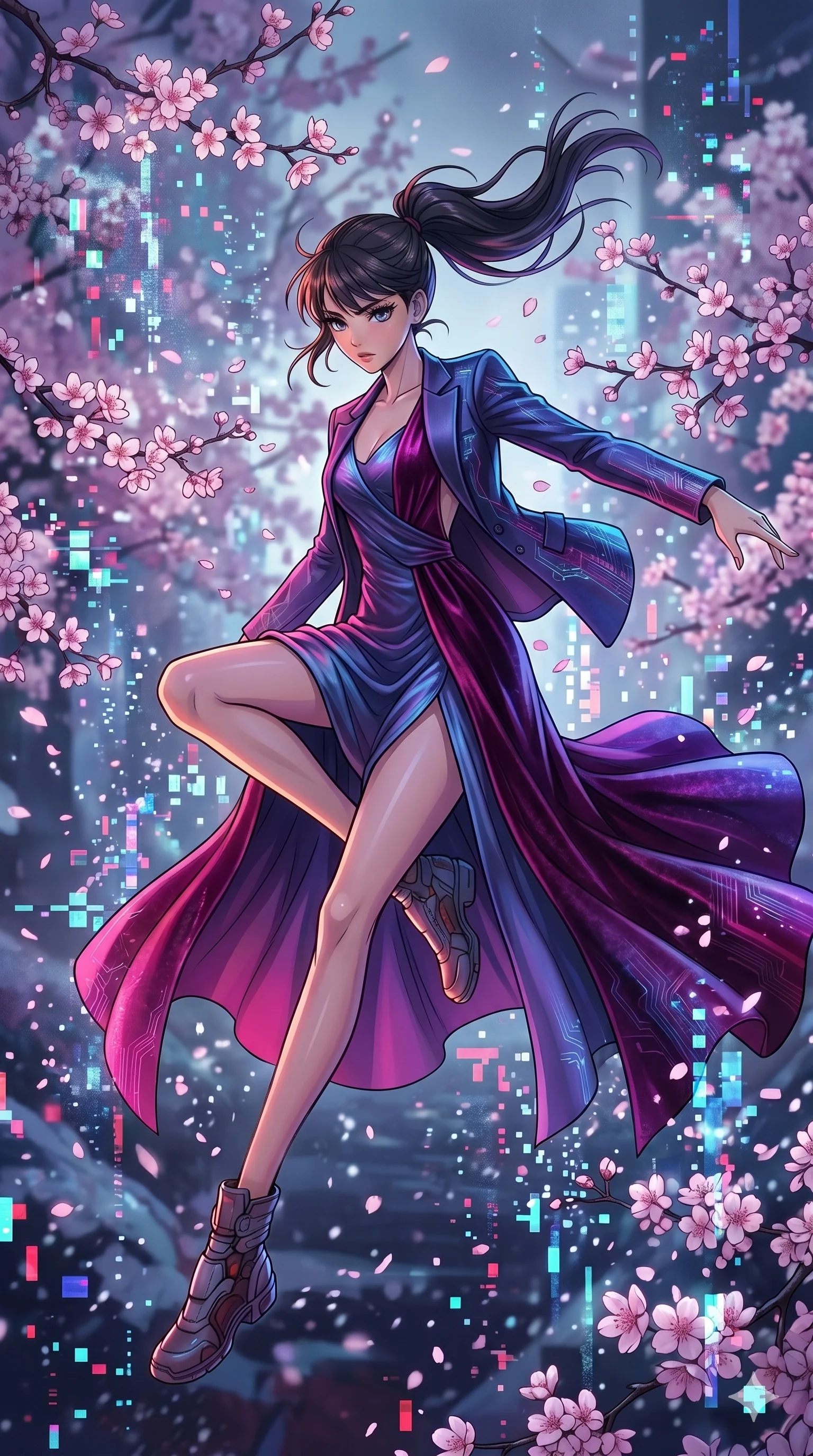 score_9, masterpiece, best quality, ultra-detailed, high-budget anime movie keyframe, cinematic anime lighting, intricate line art, Japanese woman. Mid-air action shot capturing a graceful twist and vertical silhouette. leaping through a blizzard of cherry blossoms and digital artifacts. She has an absolutely perfect 8-heads proportion, an exceptionally tall and slender female figure with graceful and slender proportions. strictly human anatomy, two legs only, no extra limbs, clearly defined legs and arms, perfect anatomy, perfect hands and fingers. sharp v-shaped jawline, high-bridge nose, intricate jewel-like eyes, thick eyelashes, glossy lips. Wearing High-Fashion Editorial: Silk slip dress with elegant side slit, backless velvet gown, and structured blazer over a coordinated top. The scene is illuminated by dramatic atmospheric lighting and vibrant color palettes. , 2k, ultra detail, master piece, 9:16 ratio