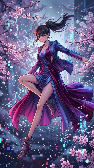 score_9, masterpiece, best quality, ultra-detailed, high-budget anime movie keyframe, cinematic anime lighting, intricate line art, Japanese woman. Mid-air action shot capturing a graceful twist and vertical silhouette. leaping through a blizzard of 