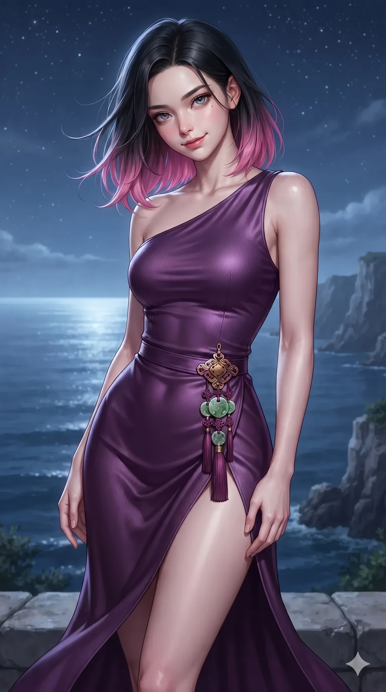 score_9, masterpiece, best quality, ultra-detailed, high-budget anime keyframe, editorial fashion photography, tasteful artistic composition, Korean woman. close-up cowboy shot from the waist and thighs up, the character dominates the composition, filling the frame with her large presence. tilting her head with a teasing half-smile, running one hand slowly down the side of her hip in a flirtatious S-curve as ambient light caresses her silhouette while standing tall against the panoramic coastal opening, stretching her statuesque body as maritime breezes whip through her hair. The background shows a soft-focus high-cliff ocean terrace softened in coastal panoramic shallow focus. She has an exceptionally elegant, slender, and willowy female figure with an ultra-slim waist, flat toned midriff, narrow ribcage, and sculpted feminine hips creating an alluring, slim hourglass silhouette without bulk. sharp v-shaped jawline, high-bridge nose, sparkling eyes with hypnotic seductive depth, thick curled eyelashes, glossy parted lips with a natural dewy peach sheen, alluring bedroom-eyes with an enchanting coquettish smile, exuding magnetic siren charisma and sophisticated glamour, flawlessly proportioned anatomical accuracy, strict slender model proportions, natural body alignment, perfectly sculpted long slender limbs, ultra-slim waistline, clean dynamic posture without body distortion. wearing an asymmetric one-shoulder liquid mercury silk dress with a dramatic hip-high wrap slit and norigae waist charm in imperial gold and royal plum purple, tailored from fine ribbed modal knit with gentle elastic contouring and soft hand-feel, finished with authentic carved jade pendants and traditional norigae knots, the form-contouring silhouette accentuating her sculpted flat midriff, narrow delicate ribcage, and gracefully curvy hips with intoxicating allure. bathed in high-intensity silver moonlight reflecting off open ocean waters. ultra-reflective glossy finish, specular highlights, rich textural contrasts, high-contrast stereoscopic depth, volumetric dynamic lighting, 2k, ultra detail, master piece, 9:16 ratio