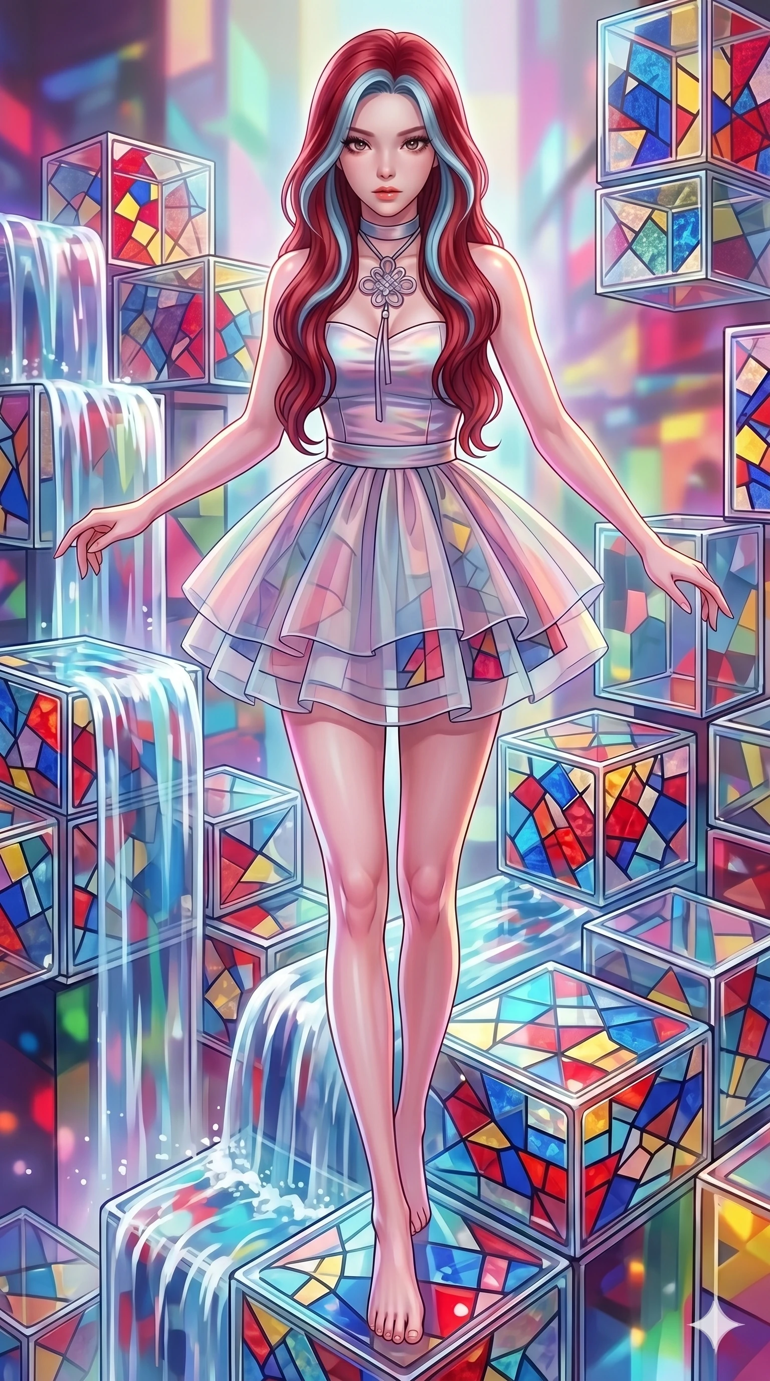 score_9, masterpiece, best quality, ultra-detailed, high-budget anime keyframe, Caucasian woman, strictly human ears. upper body close-up from the thighs up, character filling the screen for maximum presence. balancing on cubist glass blocks that cascade like a waterfall, reflecting complex mosaic patterns and primary colors. She has an absolutely perfect 8-heads proportion, an exceptionally tall and slender female figure with impossibly long slender legs and an ultra-slim waist. V-shaped jawline, high-bridge nose, intricate jewel-like eyes with depth, thick eyelashes, glossy lips with a natural sheen.. wearing a modern fusion silk hanbok dress, featuring a silk bustier top, layered sheer organza skirts, and a traditional knot choker. enhanced by a luminous pastel spectrum glow, casting elegant rim lights on her shoulders and jawline. 2k, ultra detail, master piece, 9:16 ratio