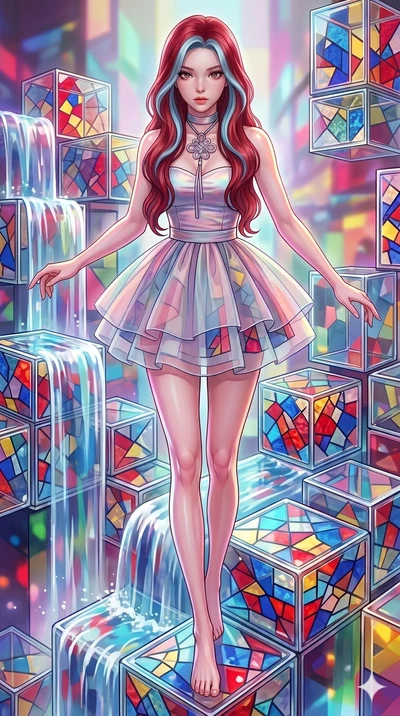 score_9, masterpiece, best quality, ultra-detailed, high-budget anime keyframe, Caucasian woman, strictly human ears. upper body close-up from the thighs up, character filling the screen for maximum presence. balancing on cubist glass blocks that cas