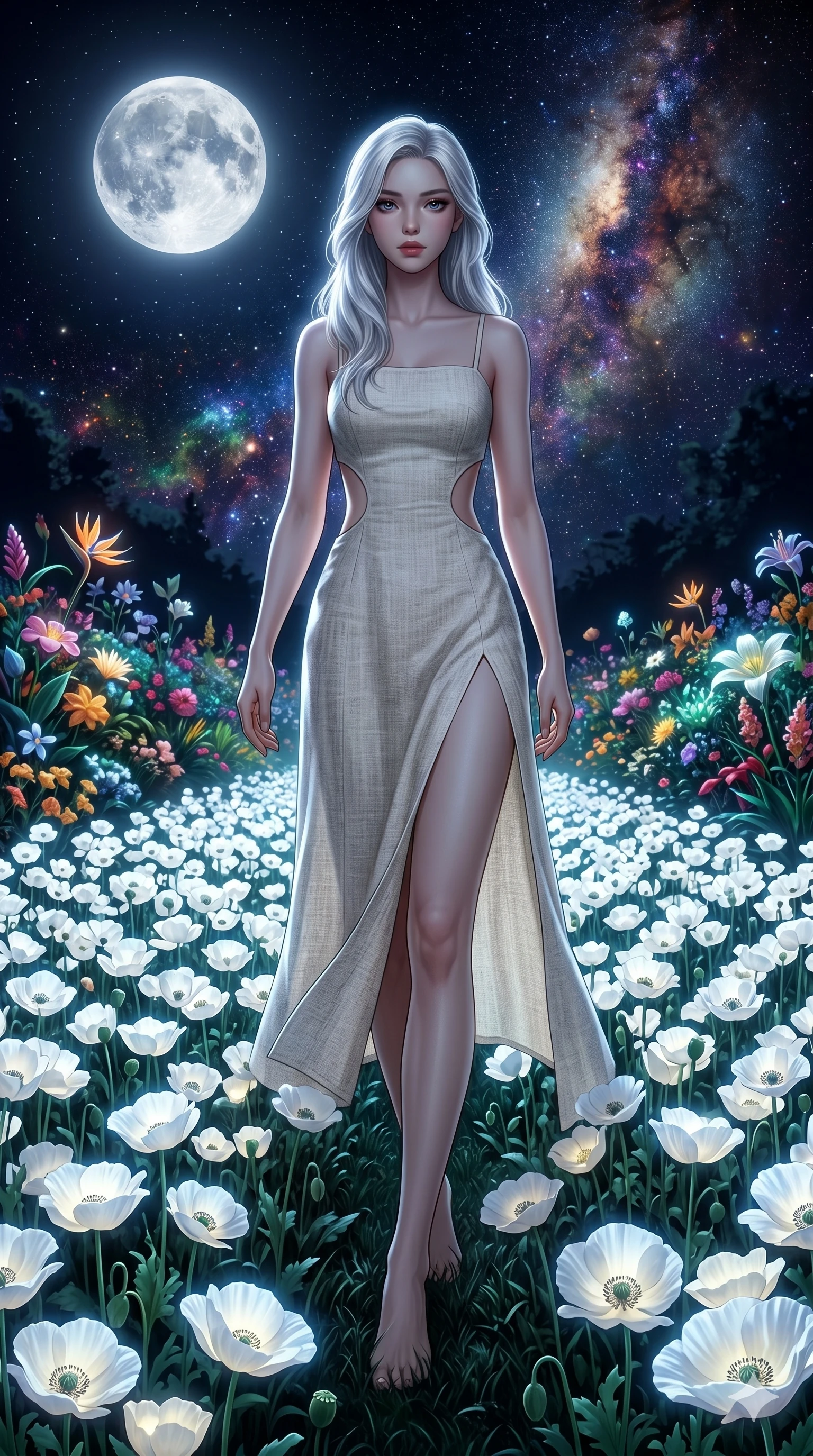 score_9, masterpiece, best quality, ultra-detailed, Set A: Photorealistic 8k CG, Japanese woman. Low angle cowboy shot filling the entire 9:16 frame with her statuesque presence. Walking through a field of white poppies under a silver moon in a fantasy garden. She has an absolutely perfect 8-heads proportion, an exceptionally tall and slender female figure with impossibly long slender legs and an ultra-slim waist. Sharp v-shaped jawline, high-bridge nose, intricate jewel-like eyes with depth, thick eyelashes, glossy lips. Wearing a Seasonal/Resort outfit: linen sundress with side cut-outs and a high side slit. Background is a bright and colorful garden with glowing white flowers and a vibrant starry sky. 2k, ultra detail, master piece, 9:16 ratio