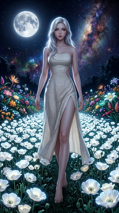 score_9, masterpiece, best quality, ultra-detailed, Set A: Photorealistic 8k CG, Japanese woman. Low angle cowboy shot filling the entire 9:16 frame with her statuesque presence. Walking through a field of white poppies under a silver moon in a fanta