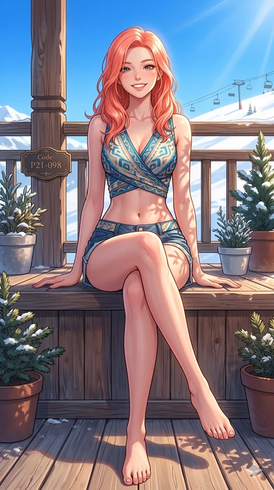score_9, masterpiece, best quality, ultra-detailed, high-budget anime keyframe, vibrant anime aesthetic, Japanese woman. cowboy shot from the thighs up, character and outfit filling the frame for maximum presence. She is sitting on the ski deck, smil