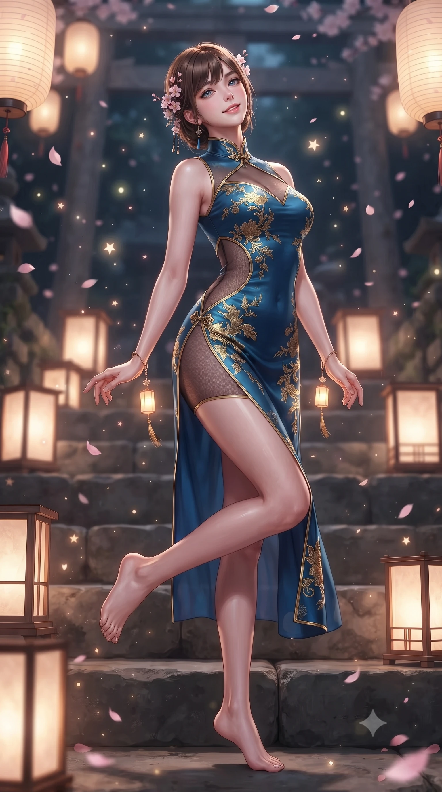 score_9, masterpiece, best quality, ultra-detailed, high-budget anime keyframe, editorial fashion photography, tasteful artistic composition, Korean woman. low angle full-body shot from head to toe showing her feet, filling the entire 9:16 vertical frame with her statuesque presence, stretching her vertical silhouette. pivoting dynamically with supreme athletic balance and poise, her impossibly long slender legs creating a breathtaking line while resting on ancient stone shrine steps surrounded by glowing paper lanterns with a serene, enchanting smile. The composition keeps background elements in soft focus with creamy bokeh. drifting sakura petals and floating star particles scattering magical glowing light motes. She has an absolutely perfect, statuesque 8.5-heads proportion, an exceptionally tall and slender model-like female figure with impossibly long slender legs, a toned flat midriff, and an ultra-slim waist. sharp v-shaped jawline, high-bridge nose, intricate jewel-like eyes with depth, thick eyelashes, glossy lips with a natural sheen, captivating and magnetic expression, flawlessly proportioned anatomical accuracy, strict slender model proportions, natural body alignment, perfectly sculpted long slender limbs, ultra-slim waistline, clean dynamic posture without body distortion. wearing a dragon-embroidered silk cheongsam modern dress with asymmetrical sheer mesh cutouts and high Mandarin collar in deep azure blue and gold leaf embroidery, tailored from crisp ceremonial cotton and multi-layered translucent chiffon, accessorized with delicate cherry blossom hairpins and glowing paper lantern charms, the sleek tailored cut tightly hugging her graceful clavicle, narrow waist, and feminine curves with statuesque precision. surrounded by a divine, mystical, and spiritually transcendent shrine maiden sovereign aura. ultra-reflective glossy finish, specular highlights, rich textural contrasts, high-contrast stereoscopic depth, volumetric dynamic lighting, 2k, ultra detail, master piece, 9:16 ratio