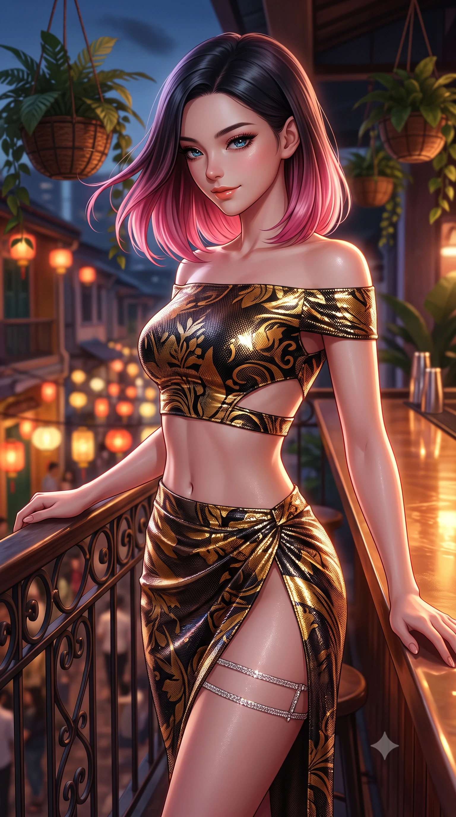 score_9, masterpiece, best quality, ultra-detailed, high-budget anime keyframe, semi-realistic 3D game render, editorial fashion photography, tasteful artistic composition, Korean woman. close-up cowboy shot from the waist and thighs up, the character dominates the composition, filling the frame with her large presence. turning slowly with an enchanting smoldering smile, her glossy hair tossing in the breeze as her hips angle gracefully in a captivating contrapposto while leaning against the vintage wrought-iron balcony railing with hips cocked back, looking down at bustling lantern-lit alleys with smoldering bedroom-eyes. The background shows a soft-focus hanging tropical plant baskets softened in trendy Singapore rooftop bar shallow focus. She has an exceptionally elegant, slender, and willowy female figure with an ultra-slim waist, flat toned midriff, narrow ribcage, and sculpted feminine hips creating an alluring, slim hourglass silhouette without bulk. sharp v-shaped jawline, high-bridge nose, intricate jewel-like sparkling eyes with depth, thick eyelashes, glossy parted lips with a natural peach sheen, bright cheerful beaming smile with an enchanting and coquettish sensual glint, exuding both youthful cute charm and seductive allure, flawlessly proportioned anatomical accuracy, strict slender model proportions, natural body alignment, perfectly sculpted long slender limbs, ultra-slim waistline, clean dynamic posture without body distortion. wearing a provocative off-the-shoulder crop top with asymmetrical side-torso cutouts and a high-slit wrap skirt in Viennese golden secession noir and imperial 24k gold leaf, crafted from stretch micro-mesh with liquid foil coating that shimmers with every movement, finished with delicate crystal-encrusted thigh garter straps glinting in the dim light, the liquid-tight tailored fabric clinging flawlessly to her narrow waist and rounded feminine hips, emphasizing every millimeter of her sculpted slim hourglass curves without any bulky heaviness. illuminated by bar counter reflection fill and sharp rose-gold rim lights defining her razor-sharp jawline, narrow waist, and curvy hips. highly saturated vibrant anime colors, detailed shading with soft gradients, rich glossy textures, high-contrast stereoscopic depth, volumetric dynamic lighting, master piece, 9:16 ratio