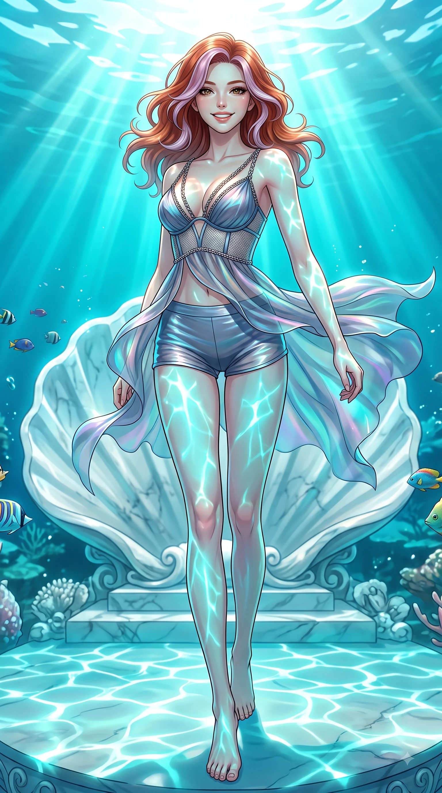 score_9, masterpiece, best quality, ultra-detailed, high-budget anime keyframe, editorial fashion photography, tasteful artistic composition, Caucasian woman. low angle full-body shot from head to toe showing her feet, filling the entire 9:16 vertical frame with her statuesque presence, stretching her vertical silhouette. stepping forward in a proud dynamic stride with a cheerful beaming smile, her vertical silhouette filling the frame while pivoting her torso in an S-curve alignment on a sunken white marble shell altar, gentle ocean currents swaying her lightweight aquatic attire in fluid joyful motions. She has an absolutely perfect, statuesque 8.5-heads proportion, an exceptionally tall and slender model-like female figure with impossibly long slender legs and an ultra-slim waist. sharp v-shaped jawline, high-bridge nose, intricate jewel-like eyes with depth, thick eyelashes, glossy lips with a natural sheen, flawlessly proportioned anatomical accuracy, natural body alignment, perfectly sculpted elegant limbs, clean dynamic posture without body distortion. wearing a delicate see-through mesh top with structured cup boning and micro-shorts in slate blue and metallic silver, crafted from iridescent chiffon that shifts colors in the light, adorned with delicate metallic chain straps along the neckline, the form-contouring material highlighting her ultra-slim waist and long lines. bathed in brilliant underwater sunbeams and luminous turquoise caustic glow. highly saturated vibrant anime colors, detailed shading with soft gradients, rich glossy textures, high-contrast stereoscopic depth, volumetric dynamic lighting, master piece, 9:16 ratio