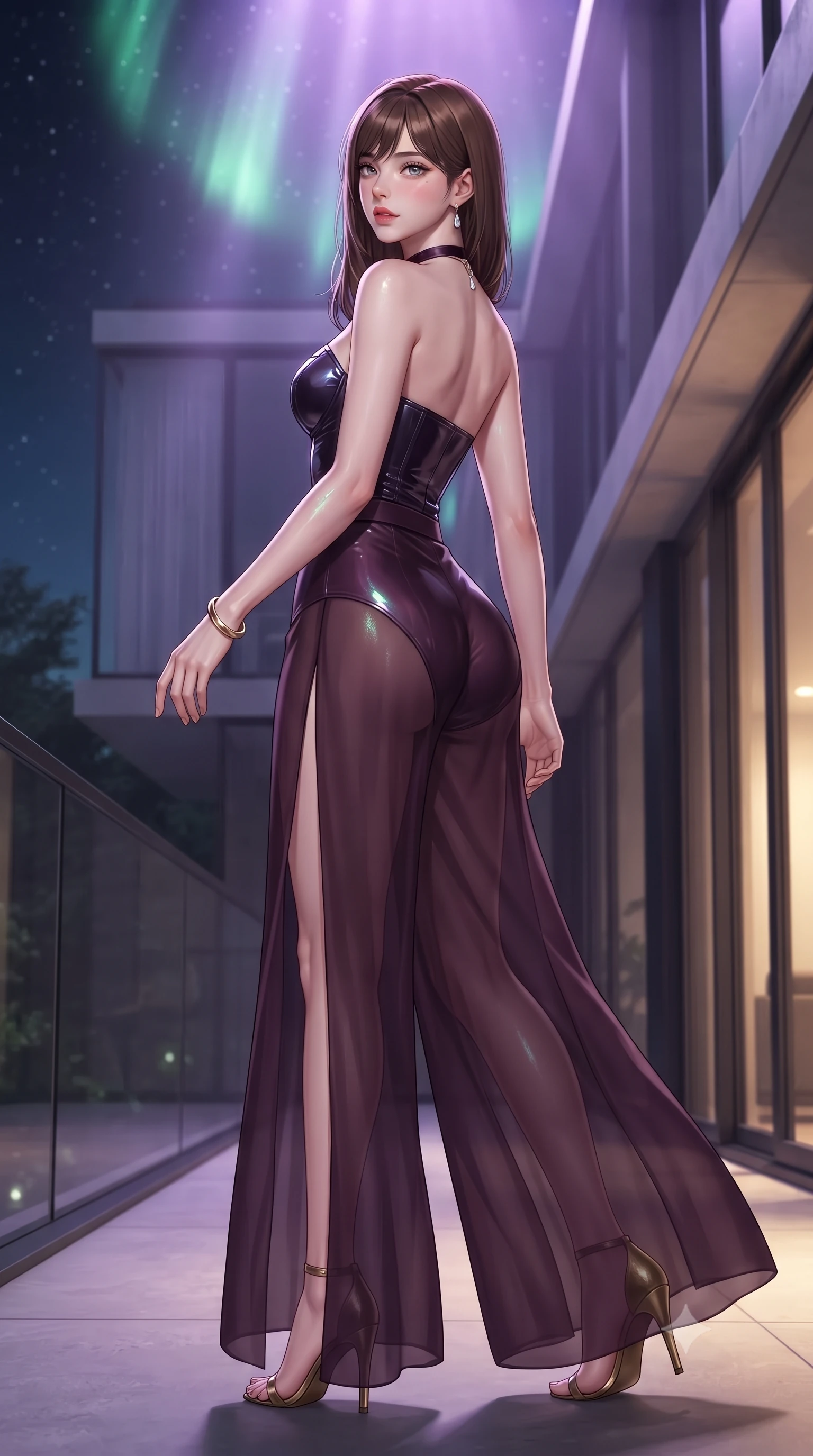 score_9, masterpiece, best quality, ultra-detailed, high-budget anime keyframe, editorial fashion photography, tasteful artistic composition, Korean woman. low angle full-body shot from head to toe showing her feet, filling the entire 9:16 vertical frame with her statuesque presence, stretching her vertical silhouette. walking along the terrace with poise, looking back over her bare shoulder with an irresistible smoldering bedroom-gaze while twisting her slender torso in an alluring contrapposto stance, shimmering emerald and amethyst celestial light reflecting off her narrow waist and curvy hips. The surrounding environment is rendered in vivid detail and crisp panoramic clarity: detailed fine-knit cashmere bodysuit cling, gold wrist bangle gleam, and contemporary Scandinavian architecture in razor-sharp precision. She has an absolutely perfect, statuesque 8.5-heads proportion, an exceptionally tall and slender model-like female figure with impossibly long slender legs, an ultra-slim waist, a flat toned midriff, narrow delicate ribcage, and beautifully sculpted feminine hips creating a graceful, slim hourglass silhouette without any bulky heaviness. sharp v-shaped jawline, high-bridge nose, sparkling eyes with hypnotic seductive depth, thick curled eyelashes, glossy parted lips with a natural dewy peach sheen, alluring bedroom-eyes with an enchanting coquettish smile, exuding magnetic siren charisma and sophisticated glamour, flawlessly proportioned anatomical accuracy, strict slender model proportions, natural body alignment, perfectly sculpted long slender limbs, ultra-slim waistline, clean dynamic posture without body distortion. wearing a wet-look form-fitting vinyl bustier paired with sheer chiffon high-slit wide-leg trousers in rich dark plum violet and gilded antique brass, made of semi-opaque stretch illusion mesh with soft shadowy contours, finished with a thin velvet ribbon choker and a single teardrop diamond pendant, the glove-like clinging cut tightly following the natural contour of her hips and long slender legs with youthful 8.5-heads elegance. bathed in ethereal emerald and violet celestial light radiating downward from the aurora borealis mixed with warm 2700K floor up-lighting. ultra-reflective glossy finish, specular highlights, rich textural contrasts, high-contrast stereoscopic depth, volumetric dynamic lighting, 2k, ultra detail, master piece, 9:16 ratio