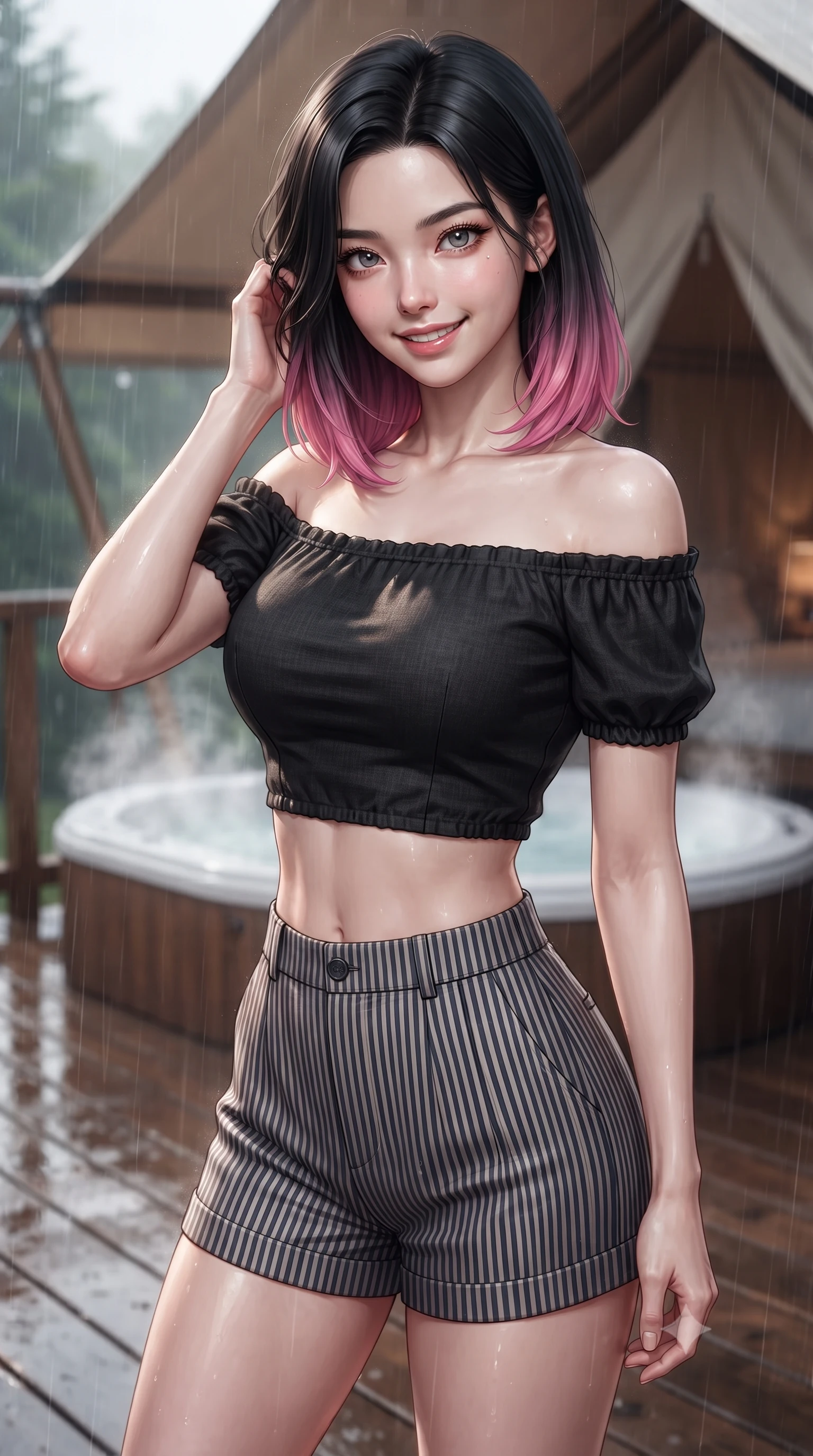 score_9, masterpiece, best quality, ultra-detailed, high-budget anime keyframe, editorial fashion photography, tasteful artistic composition, Korean woman. close-up cowboy shot from the waist and thighs up, the character dominates the composition, filling the frame with her large presence, background elements kept in soft focus. smiling with quiet, magnetic self-assurance directly into the camera, running a hand through her hair the background shows a soft-focus a glamping tent balcony during a light rain, with steam rising from a hot tub. She has an exceptionally elegant, slender, and willowy female figure with an ultra-slim waist, a gracefully sculpted slender torso, and a refined silhouette. sharp v-shaped jawline, high-bridge nose, intricate jewel-like eyes with depth, thick eyelashes, glossy lips with a natural sheen. wearing a slim-fit chic off-shoulder crop top in black linen, paired with high-waisted striped resort shorts. shifting light reflections from the wet wood deck and steam onto her form. ultra-reflective glossy finish, specular highlights, metallic sheen, high-contrast stereoscopic depth, volumetric dynamic lighting, 2k, ultra detail, master piece, 9:16 ratio