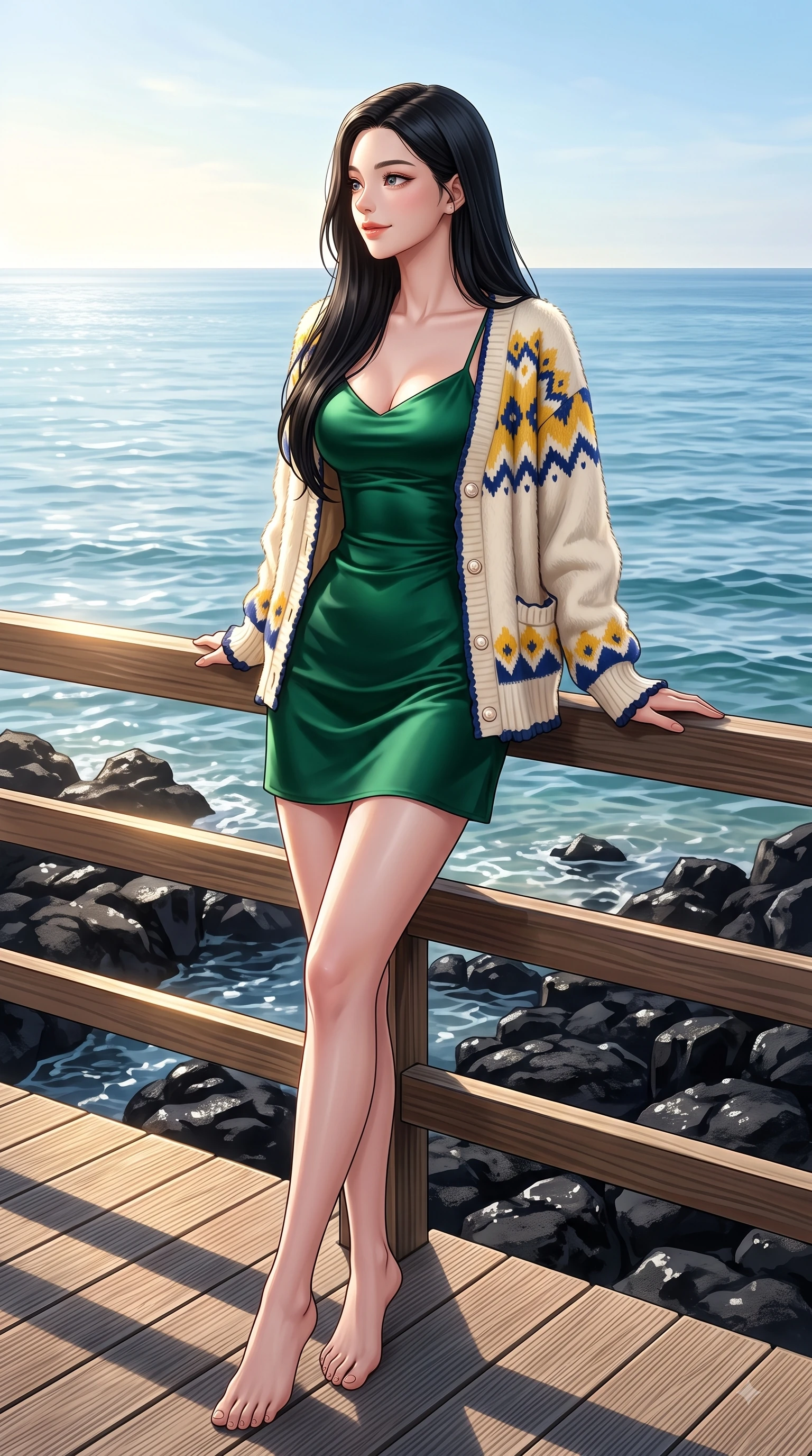 score_9, masterpiece, best quality, ultra-detailed, high-budget anime keyframe, editorial fashion photography, tasteful artistic composition, Korean woman. low angle full-body shot from head to toe showing her feet, filling the entire 9:16 vertical frame with her statuesque presence, stretching her vertical silhouette. Radiant anticipation in her face, glowing with hopeful curiosity and warm expectant energy while leaning against a sun-drenched wooden sea railing looking out toward the endless horizon. The surrounding environment is rendered in vivid detail and crisp panoramic clarity. glistening basalt sea rocks, coastal boardwalk planks, and crystal ocean waters rendered in deep focus. She has an absolutely perfect, statuesque 8.5-heads proportion, an exceptionally tall and slender model-like female figure with impossibly long slender legs and an ultra-slim waist. sharp v-shaped jawline, high-bridge nose, intricate jewel-like eyes with depth, thick eyelashes, glossy lips with a natural sheen, flawlessly proportioned anatomical accuracy, natural body alignment, perfectly sculpted elegant limbs, clean dynamic posture without body distortion. wearing a rich emerald green satin slip dress layered under a plush cream cardigan in sunflower yellow and royal navy blue, tailored from crisp high-density cotton poplin, accented with delicate pearl buttons and refined ruffle trims, the form-contouring material accentuating her ultra-slim waist and long lines. surrounded by an majestic, emotional, and breathtaking coastal editorial aura. highly saturated vibrant anime colors, detailed shading with soft gradients, rich glossy textures, high-contrast stereoscopic depth, volumetric dynamic lighting, master piece, 9:16 ratio