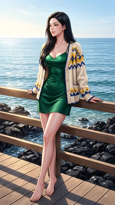 score_9, masterpiece, best quality, ultra-detailed, high-budget anime keyframe, editorial fashion photography, tasteful artistic composition, Korean woman. low angle full-body shot from head to toe showing her feet, filling the entire 9:16 vertical f