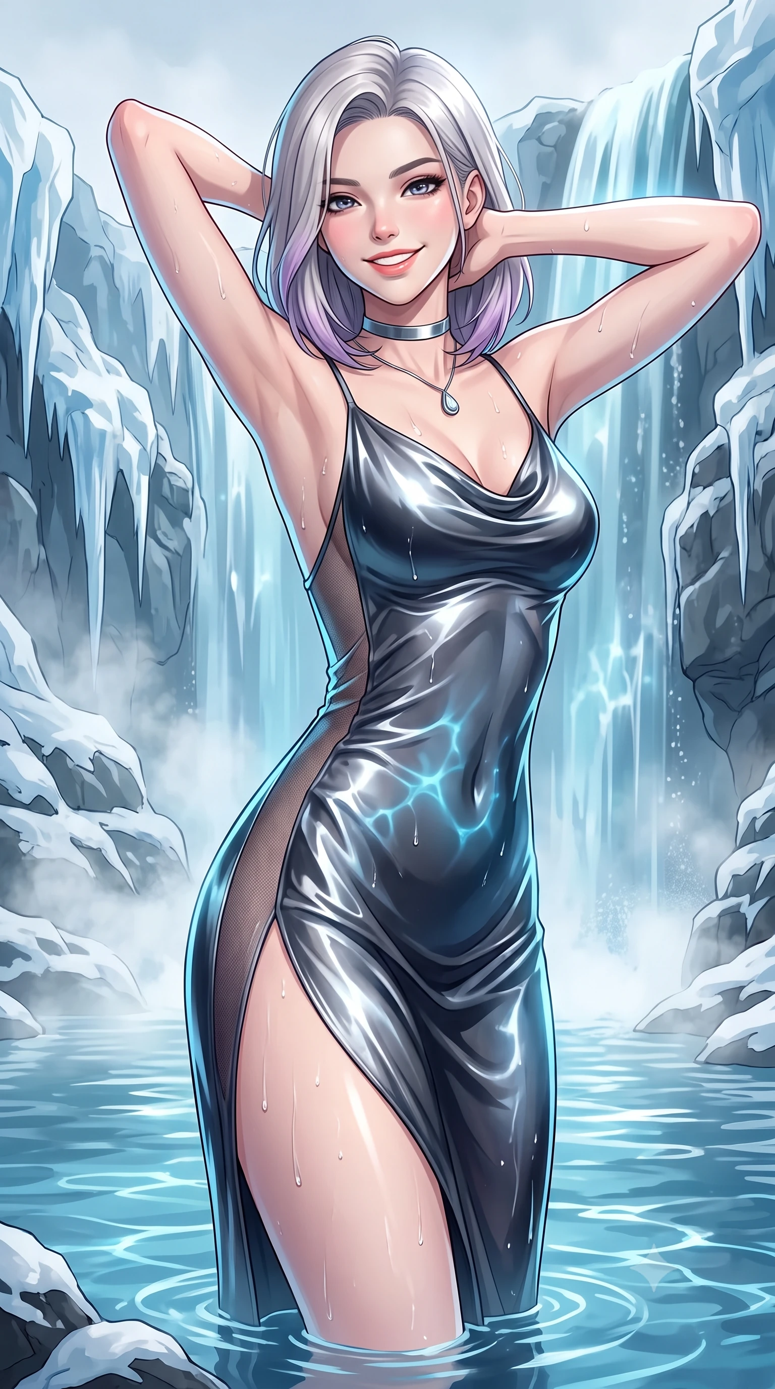 score_9, masterpiece, best quality, ultra-detailed, high-budget anime keyframe, editorial fashion photography, tasteful artistic composition, Caucasian woman. close-up cowboy shot from the waist and thighs up, the character dominates the composition, filling the frame with her large presence. resting both hands lightly behind her neck with elbows raised, arching her spine to highlight her narrow waist, flat midriff, and breathtaking collarbones while twisting her slender torso in an alluring contrapposto stance beside the thermal waterfall, azure water caustics dancing across her narrow waist and curvy hips. The surrounding environment is rendered in vivid detail and crisp panoramic clarity: detailed outfit weave, form-fitting wet cling or bodycon lines, and Arctic glacial retreat craft in razor-sharp precision. She has an exceptionally elegant, slender, and willowy female figure with an ultra-slim waist, flat toned midriff, narrow ribcage, and sculpted feminine hips creating an alluring, slim hourglass silhouette without bulk. sharp v-shaped jawline, high-bridge nose, intricate jewel-like sparkling eyes with depth, thick eyelashes, glossy parted lips with a natural peach sheen, bright cheerful beaming smile with an enchanting and coquettish sensual glint, exuding both youthful cute charm and seductive allure, flawlessly proportioned anatomical accuracy, strict slender model proportions, natural body alignment, perfectly sculpted long slender limbs, ultra-slim waistline, clean dynamic posture without body distortion. wearing a form-contouring gossamer silk chiffon slip dress with a hip-high slit and open cowl back clinging with dewy moisture in liquid mercury chrome and deep midnight obsidian, featuring strategic sheer-illusion tulle side panels framing her ribcage and hips, finished with a minimalist chrome choker and a single teardrop diamond pendant, the precision-cut side openings and low-back scoop framing her graceful spine and the sensual sweep of her slim, toned hips. illuminated by pool surface reflection bounce and sharp ice-blue rim lights sculpting her razor-sharp jawline, narrow waist, and curvy hips. ultra-reflective glossy finish, specular highlights, rich textural contrasts, high-contrast stereoscopic depth, volumetric dynamic lighting, 2k, ultra detail, master piece, 9:16 ratio