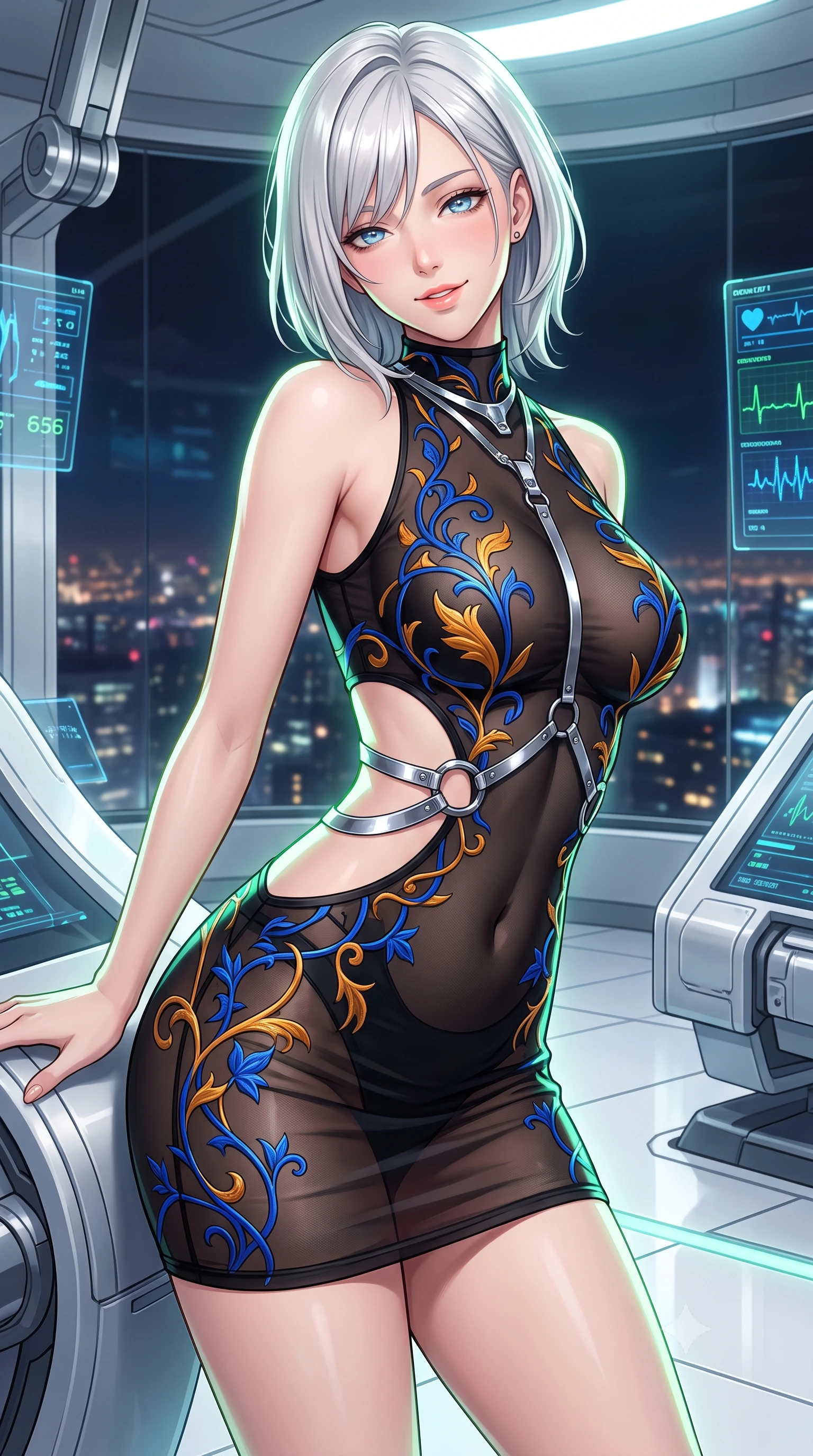 score_9, masterpiece, best quality, ultra-detailed, high-budget anime keyframe, semi-realistic 3D game render, editorial fashion photography, tasteful artistic composition, Caucasian woman. close-up cowboy shot from the waist and thighs up, the character dominates the composition, filling the frame with her large presence. leaning forward while arching her lower back to accentuate her curvy hips, looking into the camera with an intoxicating smoldering gaze and bedroom-eyes while leaning against the curved examination pod with hips cocked back, gazing through the panoramic smart-tint glass at the glowing city below with heavy-lidded bedroom-eyes. The surrounding environment is rendered in vivid detail and crisp panoramic clarity: sharp brushed chrome robotic joint textures, flawless white resin floor reflections, and crisp diagnostic vitals readouts in deep focus. She has an exceptionally elegant, slender, and willowy female figure with an ultra-slim waist, flat toned midriff, narrow ribcage, and sculpted feminine hips creating an alluring, slim hourglass silhouette without bulk. sharp v-shaped jawline, high-bridge nose, intricate jewel-like sparkling eyes with depth, thick eyelashes, glossy parted lips with a natural peach sheen, bright cheerful beaming smile with an enchanting and coquettish sensual glint, exuding both youthful cute charm and seductive allure, flawlessly proportioned anatomical accuracy, strict slender model proportions, natural body alignment, perfectly sculpted long slender limbs, ultra-slim waistline, clean dynamic posture without body distortion. wearing a provocative sheer noir illusion mesh combat dress with embroidered climbing metallic ivy ribbons contouring her curves in Jovian storm amber and electric cobalt, adorned with delicate chrome ring hardware and cutouts along her slender waist, accented with a chrome-drop body harness subtly framing her dewy collarbones and spine, the form-contouring silhouette accentuating her sculpted flat midriff, narrow delicate ribcage, and gracefully curvy hips with intoxicating allure. illuminated by white floor reflection bounce and sharp platinum-green rim lights defining her jawline, narrow waist, and curvy hips. highly saturated vibrant anime colors, detailed shading with soft gradients, rich glossy textures, high-contrast stereoscopic depth, volumetric dynamic lighting, master piece, 9:16 ratio