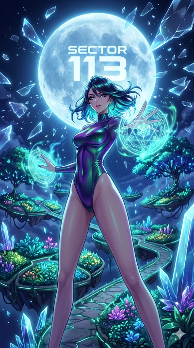 score_9, masterpiece, best quality, ultra-detailed, Set A: High-budget Anime Keyframe, Japanese woman. Low angle cowboy shot filling the entire 9:16 frame with her statuesque presence. Casting a spell through a floating botanical garden, with a massi