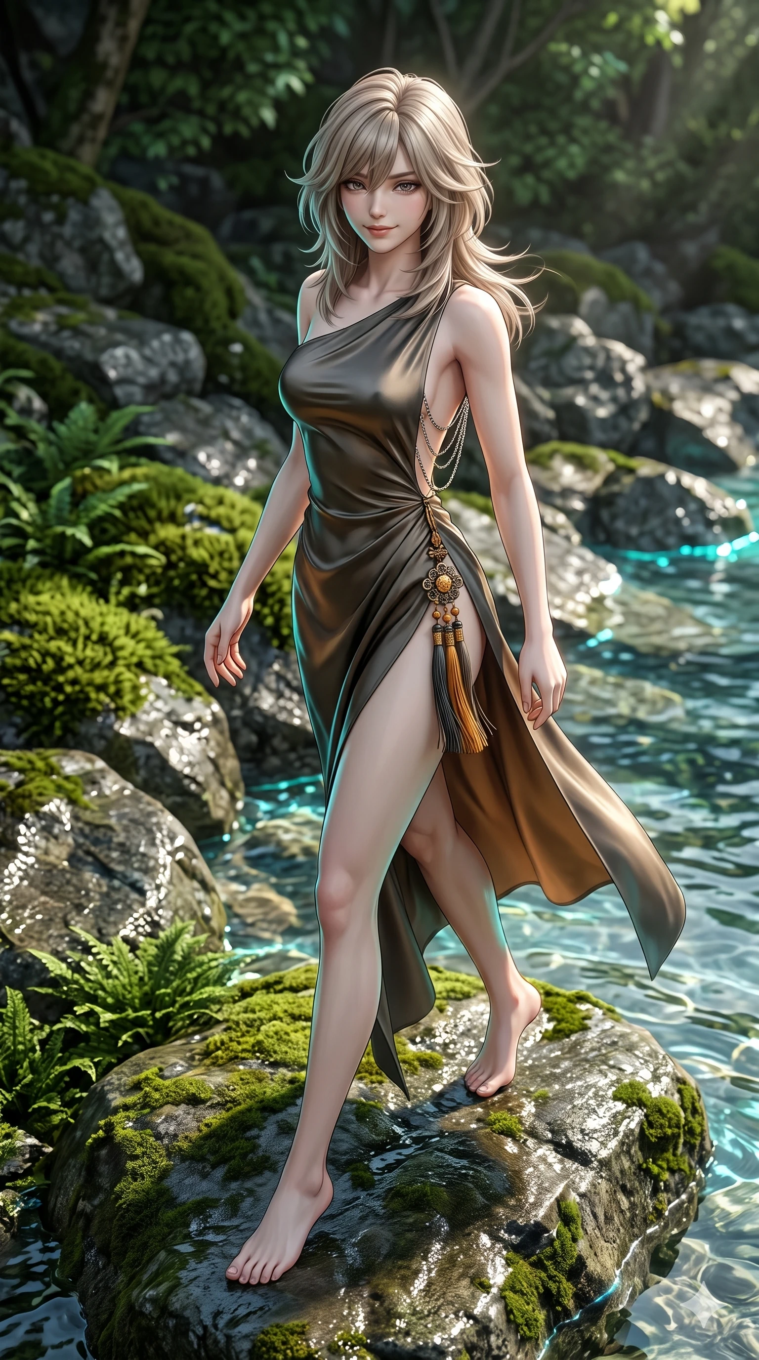 score_9, masterpiece, best quality, ultra-detailed, high-budget anime keyframe, semi-realistic 3D game render, editorial fashion photography, tasteful artistic composition, Japanese woman. low angle full-body shot from head to toe showing her feet, filling the entire 9:16 vertical frame with her statuesque presence, stretching her vertical silhouette. stepping forward in a confident stride, her long slender legs and curvaceous hips creating a dynamic, sweeping vertical line while perched sideways on the mossy boulder at the water's edge, one knee drawn up to showcase her slender leg line while her arched back accentuates her curves. The surrounding environment is rendered in vivid detail and crisp panoramic clarity: sharp wet stone textures, crystal water surface refraction, and soft velvet moss fronds in deep focus. She has an absolutely perfect, statuesque 8.5-heads proportion, an exceptionally tall and slender model-like female figure with impossibly long slender legs, an ultra-slim waist, a flat toned midriff, narrow delicate ribcage, and beautifully sculpted feminine hips creating a graceful, slim hourglass silhouette without any bulky heaviness. sharp v-shaped jawline, high-bridge nose, sparkling eyes with hypnotic seductive depth, thick curled eyelashes, glossy parted lips with a natural dewy peach sheen, alluring bedroom-eyes with an enchanting coquettish smile, exuding magnetic siren charisma and sophisticated glamour, flawlessly proportioned anatomical accuracy, strict slender model proportions, natural body alignment, perfectly sculpted long slender limbs, ultra-slim waistline, clean dynamic posture without body distortion. wearing an asymmetric one-shoulder liquid mercury silk dress with a dramatic hip-high wrap slit and norigae waist charm in smoked agarwood charcoal and warm honey amber, tailored from heavy double-faced silk faille with an exceptionally fluid drape, accented with an open-back drape framed by falling strands of delicate chrome chains, the form-fitting cut adhering flawlessly to her sculpted flat midriff and slender torso, emphasizing her long leg lines and perfectly proportioned willowy build. illuminated by spring water surface bounce and sharp cyan-aquamarine rim lights defining her razor-sharp jawline, narrow waist, and curvy hips. highly saturated vibrant anime colors, detailed shading with soft gradients, rich glossy textures, high-contrast stereoscopic depth, volumetric dynamic lighting, master piece, 9:16 ratio