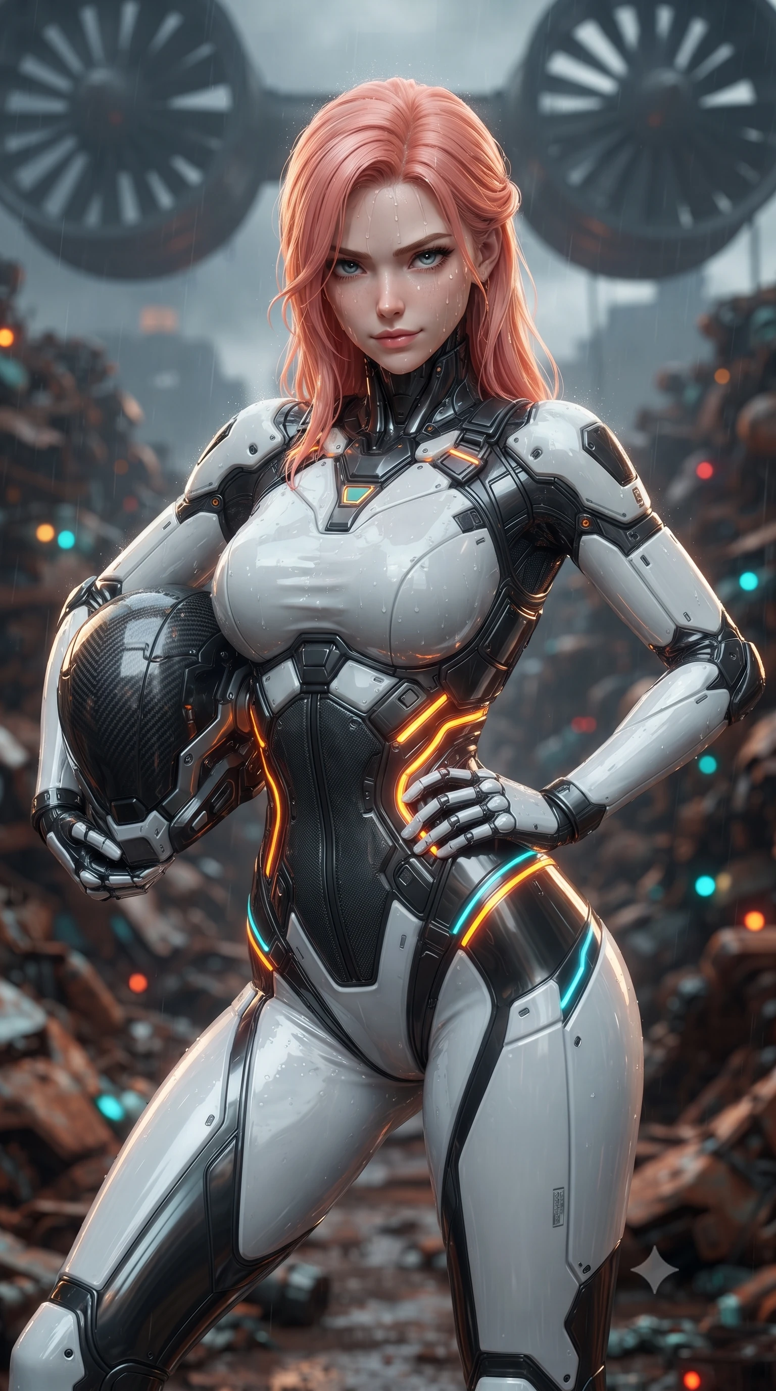 score_9, masterpiece, best quality, ultra-detailed, high-budget anime keyframe, editorial fashion photography, tasteful artistic composition, Japanese woman. close-up cowboy shot from the waist and thighs up, the character dominates the composition, filling the frame with her large presence. shifting into a low cat-stance with arms crossed defensively, glowing energy conduits tracing her ultra-slim waist and sculpted clavicle while resting one hand on her hip with a haughty, captivating battle smirk as giant exhaust turbines turn slowly overhead. The composition keeps background elements in soft focus with creamy bokeh. mountains of rusted android parts and blinking indicator lights blurred into rich amber, turquoise, and rust bokeh. She has an exceptionally elegant, slender, and willowy female figure with an ultra-slim waist, a gracefully sculpted slender torso, toned flat midriff, and a refined slim silhouette. sharp v-shaped jawline, high-bridge nose, intricate jewel-like eyes with depth, thick eyelashes, glossy lips with a natural sheen, fierce and resolute heroine expression, flawlessly proportioned anatomical accuracy, strict slender model proportions, natural body alignment, perfectly sculpted long slender limbs, ultra-slim waistline, clean dynamic posture without body distortion. holding a modular carbon battle-helmet under one arm, her flawless face and sculpted neck exposed to the rain with determined warrior focus, paired with a heavy modular carbon-fiber combat cuirass paired with a second-skin tactical leotard and reinforced titanium shoulder pauldrons in monochrome white enamel carbon with high-contrast black tactical panels, crafted from semi-translucent cybernetic carbon-vinyl interwoven with glowing micro-filaments, accented with glowing fiber-optic telemetry conduits tracing her collarbones and hip curves, the sleek second-skin cut tightly hugging her graceful clavicle, narrow waist, and feminine curves with athletic precision. bathed in atmospheric amber emergency lighting and pulsing cyan sonar crown glow. ultra-reflective glossy finish, specular highlights, dark metallic sheen, high-contrast stereoscopic depth, volumetric dynamic lighting, 2k, ultra detail, master piece, 9:16 ratio