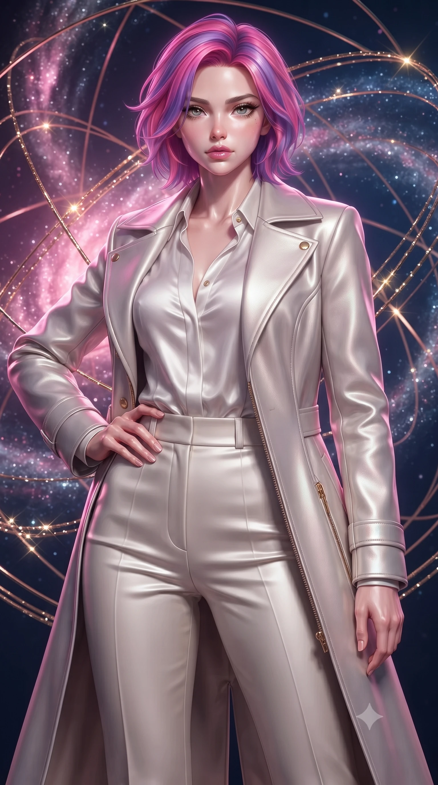 score_9, masterpiece, best quality, ultra-detailed, high-budget anime keyframe, editorial fashion photography, tasteful artistic composition, Caucasian woman. close-up cowboy shot from the waist and thighs up, the character dominates the composition, filling the frame with her large presence, background elements kept in soft focus. Holding a confident power pose with one hand on her hip, navigating an armillary sphere hall surrounded by swirling streams of galaxy dust, metallic golden thread lines glittering with sharp specular highlights. She has an exceptionally elegant, slender, and willowy female figure with an ultra-slim waist, a gracefully sculpted slender torso, and a refined silhouette. sharp v-shaped jawline, high-bridge nose, intricate jewel-like eyes with depth, thick eyelashes, glossy lips with a natural sheen. wearing structured platinum leather long coat over white silk blouse and tailored slacks in glowing ivory, made of liquid mercury jersey, finished with metallic gold boning and sleek zipper points, contouring every curve with an exceptionally elegant silhouette. bathed in radiant cosmic pink and deep navy blue ambient lighting. ultra-reflective glossy finish, specular highlights, metallic sheen, high-contrast stereoscopic depth, volumetric dynamic lighting, 2k, ultra detail, master piece, 9:16 ratio