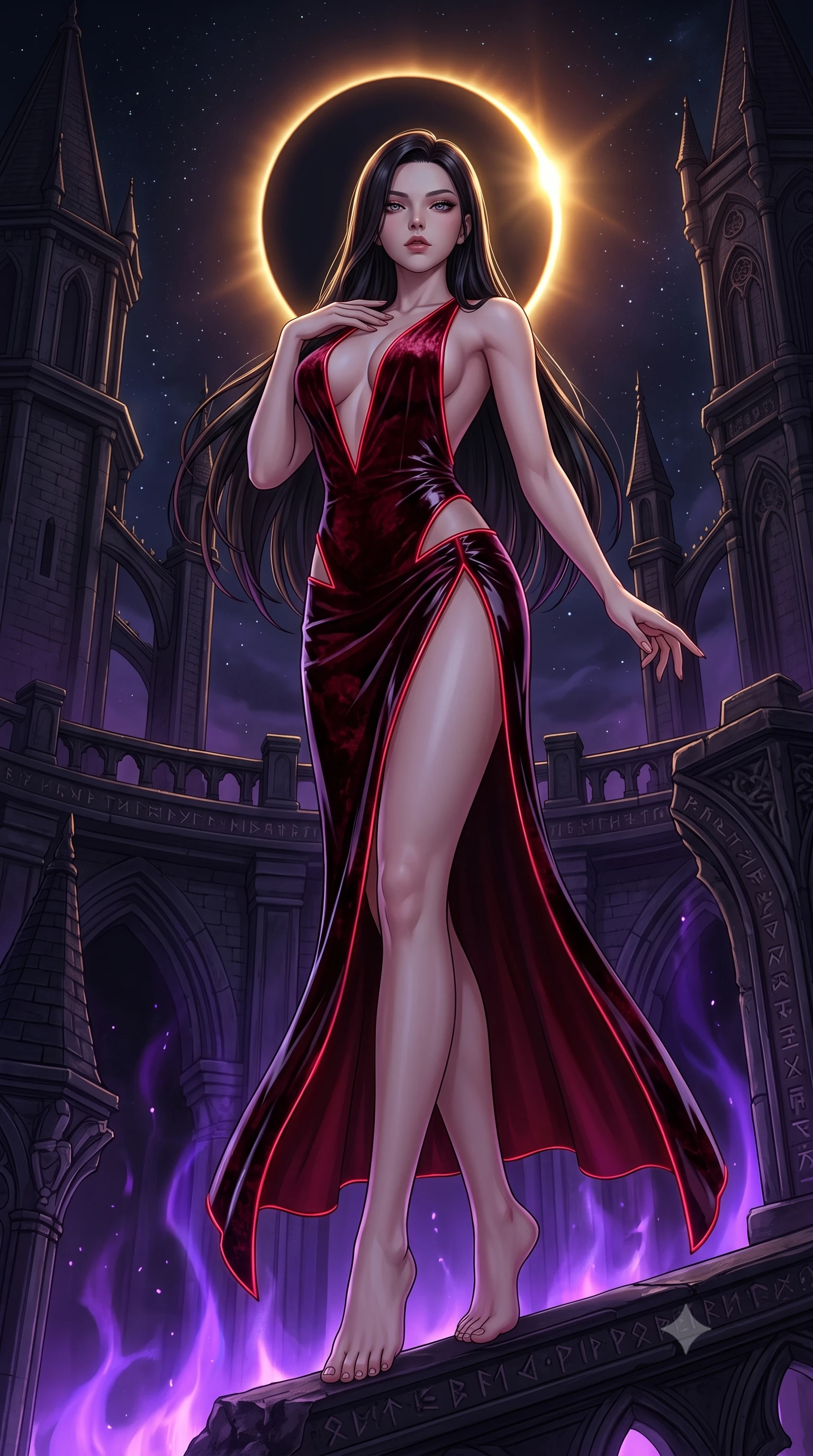 score_9, masterpiece, best quality, ultra-detailed, high-budget anime keyframe, semi-realistic 3D game render, editorial fashion photography, tasteful artistic composition, Korean woman. low angle full-body shot from head to toe showing her feet, filling the entire 9:16 vertical frame with her statuesque presence, stretching her vertical silhouette. arching her spine in a fluid zero-gravity turn with sovereign grace, her long slender legs and sculpted torso creating a sweeping line with provocative poise while resting one hand near her collarbone with a dangerous, sovereign smolder gazing directly into the lens beneath the dark sky. The surrounding environment is rendered in vivid detail and crisp panoramic clarity. dramatic chiaroscuro contrast between glowing eclipse light and dark mystical architecture in precision. She has an absolutely perfect, statuesque 8.5-heads proportion, an exceptionally tall and slender model-like female figure with impossibly long slender legs, a toned flat midriff, and an ultra-slim waist. sharp v-shaped jawline, high-bridge nose, intricate jewel-like eyes with depth, thick eyelashes, glossy lips with a natural sheen, flawlessly proportioned anatomical accuracy, strict slender model proportions, natural body alignment, perfectly sculpted long slender limbs, ultra-slim waistline, clean dynamic posture without body distortion. wearing a backless deep blood-crimson crushed velvet gown with a deep plunging V-neckline, strategic hip cutouts, and an ultra-high thigh slit in shadowy asphalt black and subtle neon red edges, formed from high-gloss patent material with specular chiaroscuro reflections, accented with glowing fiber-optic seams tracing her collarbones and hip curves in the gloom, the form-contouring material adhering flawlessly to her sculpted flat midriff and slender torso, emphasizing her long leg lines and perfectly proportioned willowy build. bathed in glowing violet arcane energy uplights and sharp golden eclipse corona rim lighting. rich saturated anime colors with deep moody shadows, detailed chiaroscuro shading with soft gradients, rich glossy textures, high-contrast stereoscopic depth, volumetric dynamic shadow lighting, master piece, 9:16 ratio