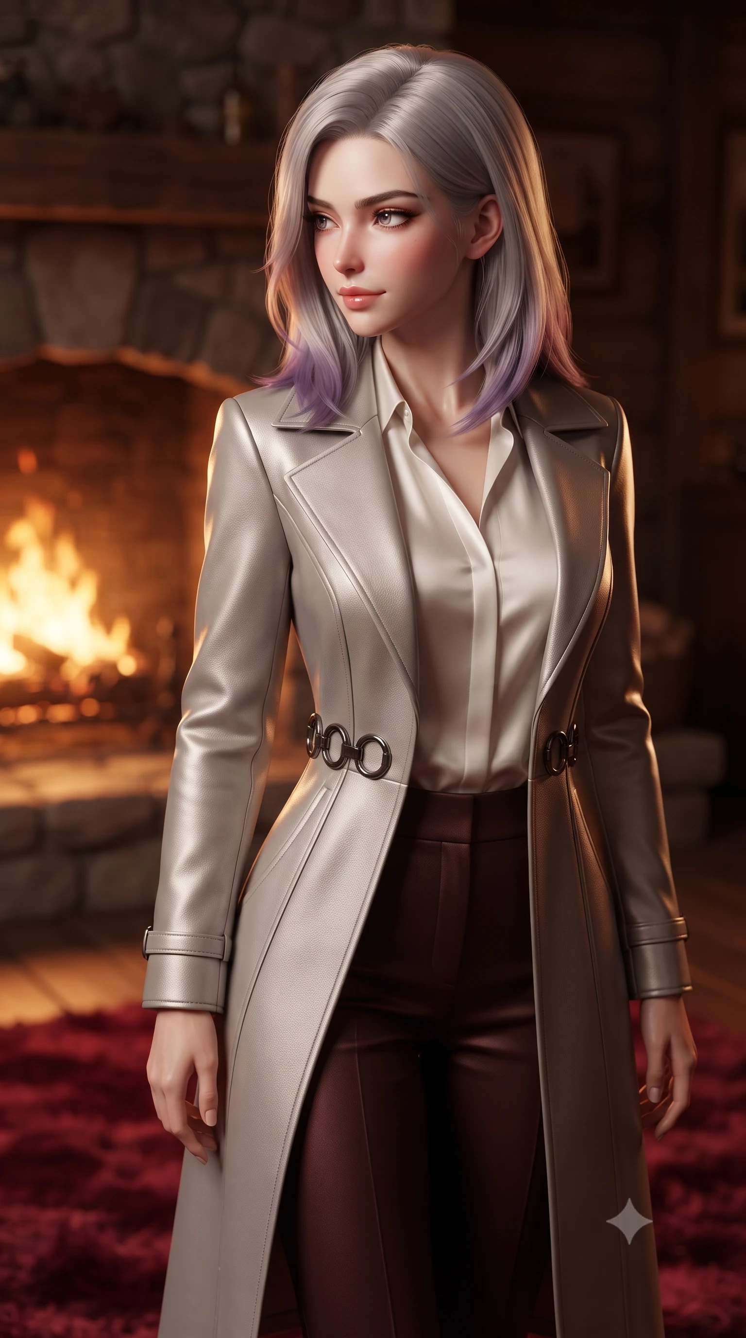 score_9, masterpiece, best quality, ultra-detailed, high-budget anime keyframe, editorial fashion photography, tasteful artistic composition, Caucasian woman. close-up cowboy shot from the waist and thighs up, the character dominates the composition, filling the frame with her large presence, background elements kept in soft focus. Glancing sidelong over her shoulder with a smoldering, enigmatic half-smile, looking into the crackling firelight with a composed, thoughtful expression, crushed velvet rug swallowing surrounding light into soft warm shadows. She has an exceptionally elegant, slender, and willowy female figure with an ultra-slim waist, a gracefully sculpted slender torso, and a refined silhouette. sharp v-shaped jawline, high-bridge nose, intricate jewel-like eyes with depth, thick eyelashes, glossy lips with a natural sheen. wearing structured platinum leather long coat over white silk blouse and tailored slacks in dark mahogany, made of liquid dark mercury jersey, trimmed with dark chrome ring hardware along the waist contours, contouring every curve with an exceptionally elegant silhouette. illuminated by warm orange firelight radiating from the stone hearth. highly saturated vibrant anime colors, detailed shading with soft gradients, rich glossy textures, high-contrast stereoscopic depth, volumetric dynamic lighting, master piece, 9:16 ratio