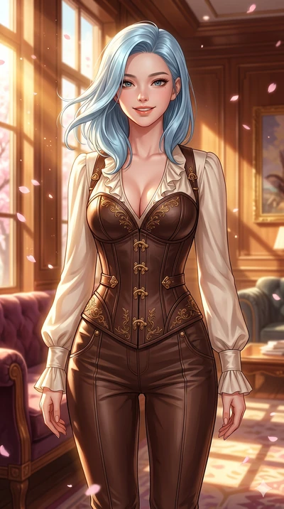 score_9, masterpiece, best quality, ultra-detailed, high-budget anime keyframe, vibrant anime aesthetic, Korean woman. cowboy shot from the thighs up, character and outfit filling the frame for maximum presence. She is standing tall with a lively smi