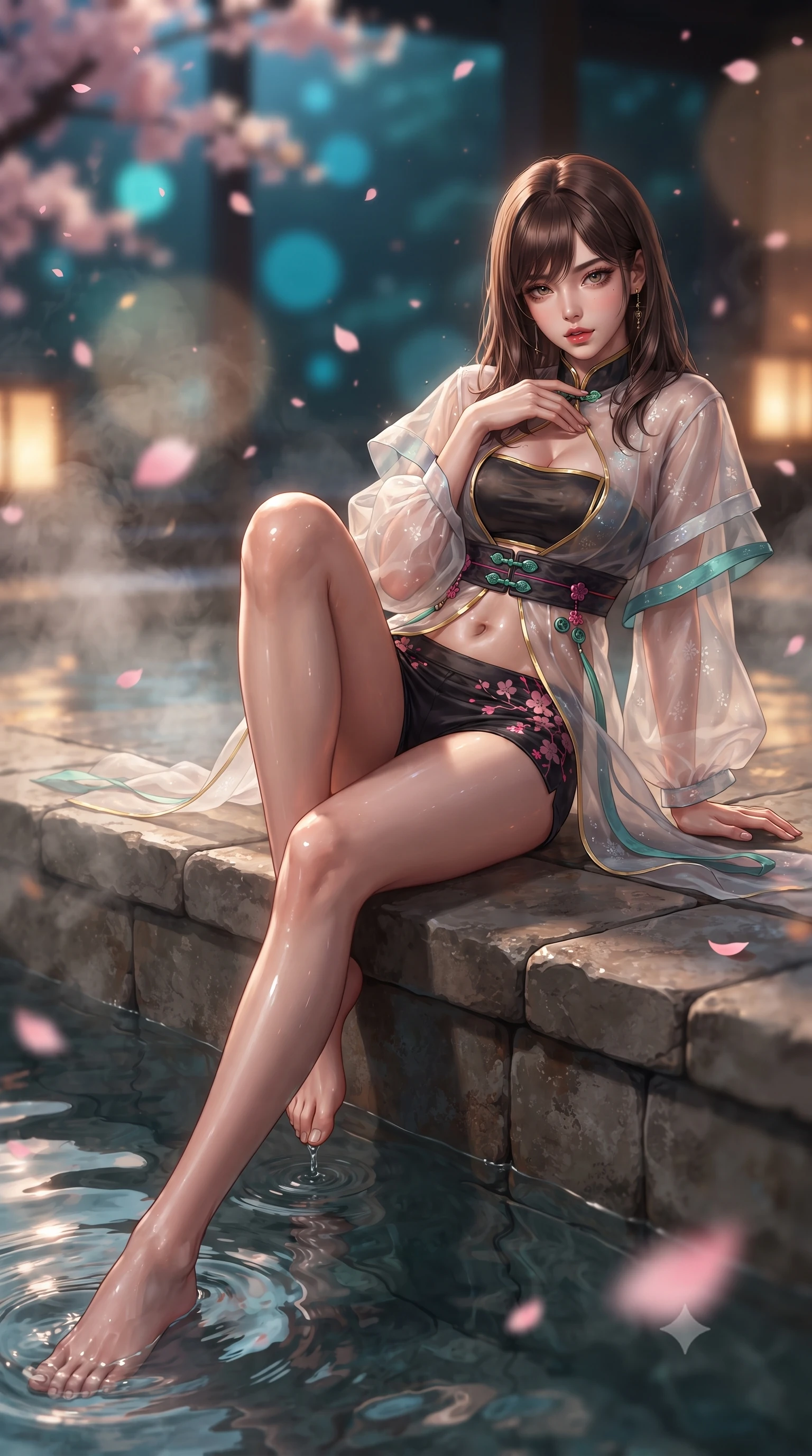 score_9, masterpiece, best quality, ultra-detailed, high-budget anime keyframe, editorial fashion photography, tasteful artistic composition, Korean woman. low angle full-body shot from head to toe showing her feet, filling the entire 9:16 vertical frame with her statuesque presence, stretching her vertical silhouette. reclining on her side in an elegant Cleopatra pose with one knee drawn up, the dramatic contour of her rounded hips and long slender legs commanding the 9:16 vertical frame while sitting on the stone infinity pool edge with legs dipped in water, turning her upper body in an alluring S-curve toward the camera. The composition keeps background elements in soft focus with creamy bokeh. swirling thermal steam clouds and falling sakura petals blurred into soft blossom-pink, warm amber, and deep cyan bokeh. She has an absolutely perfect, statuesque 8.5-heads proportion, an exceptionally tall and slender model-like female figure with impossibly long slender legs, a toned flat midriff, an ultra-slim waist, and beautifully sculpted feminine hips. sharp v-shaped jawline, high-bridge nose, intricate jewel-like eyes with depth, thick eyelashes, glossy parted lips with a natural sheen, intensely captivating and seductive bedroom-eyes expression, flawlessly proportioned anatomical accuracy, strict slender model proportions, natural body alignment, perfectly sculpted long slender limbs, ultra-slim waistline, clean dynamic posture without body distortion. wearing a sheer chiffon onsen coverup worn over a form-contouring gold-piped bandeau and micro-shorts in pitch black silk with neon cherry blossom accents, crafted from weightless prism organza that refracts light with every motion, finished with genuine jade button closures and floating celestial silk ribbons, the form-contouring material adhering flawlessly to her sculpted flat midriff and slender torso, emphasizing her long leg lines and perfectly proportioned willowy build. surrounded by an intimate, tranquil, and deeply sensual Japanese skylounge muse aura. ultra-reflective glossy finish, specular highlights, rich textural contrasts, high-contrast stereoscopic depth, volumetric dynamic lighting, 2k, ultra detail, master piece, 9:16 ratio